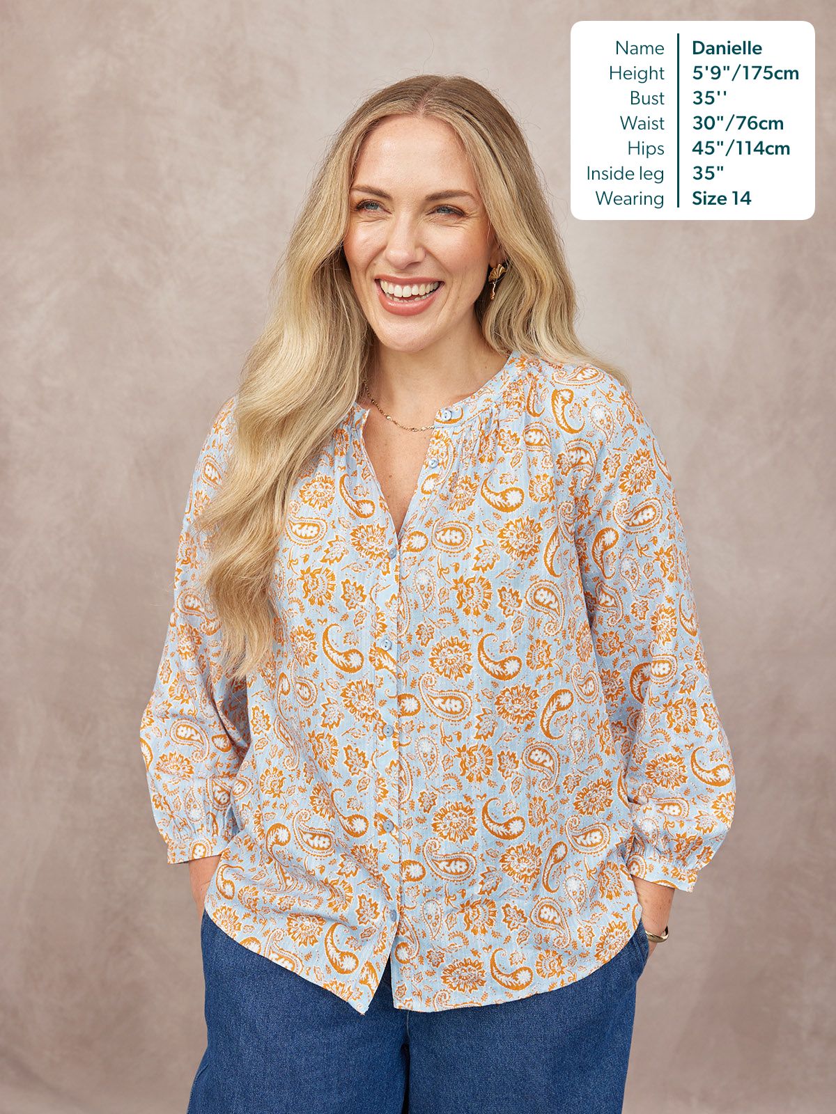 Niya Button-Through Blouse - Light Blue & Orange Paisley Print
