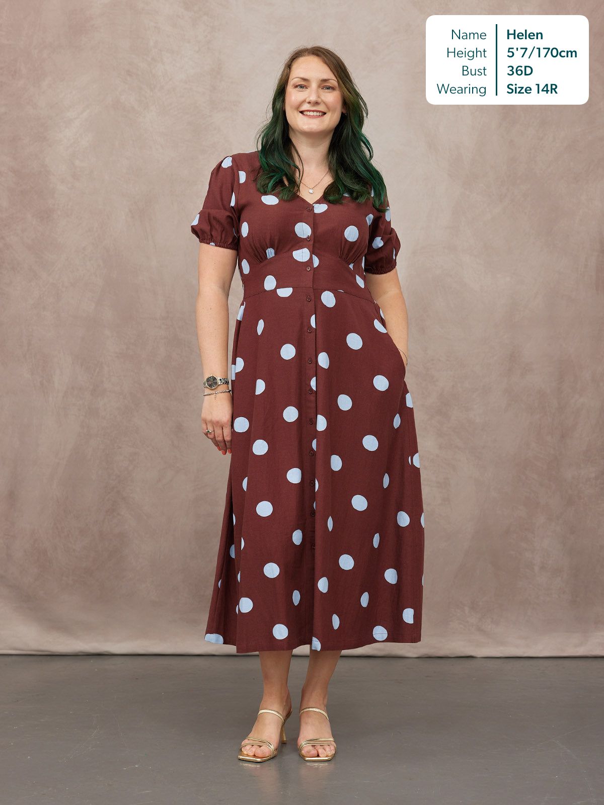 Rodica Puff Sleeve Dress - Brown & Blue Polka Dot