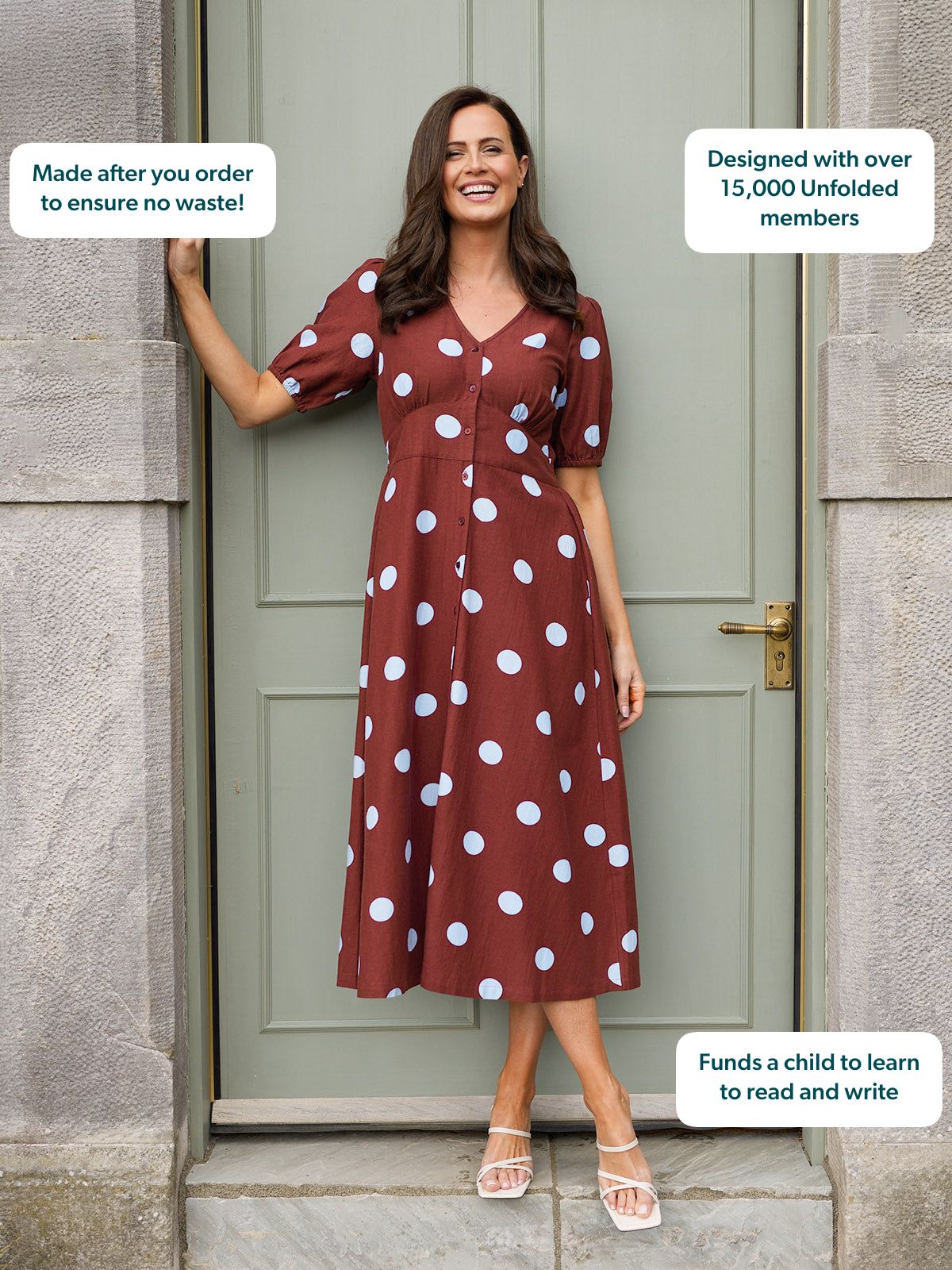 Rodica Puff Sleeve Dress - Brown & Blue Polka Dot