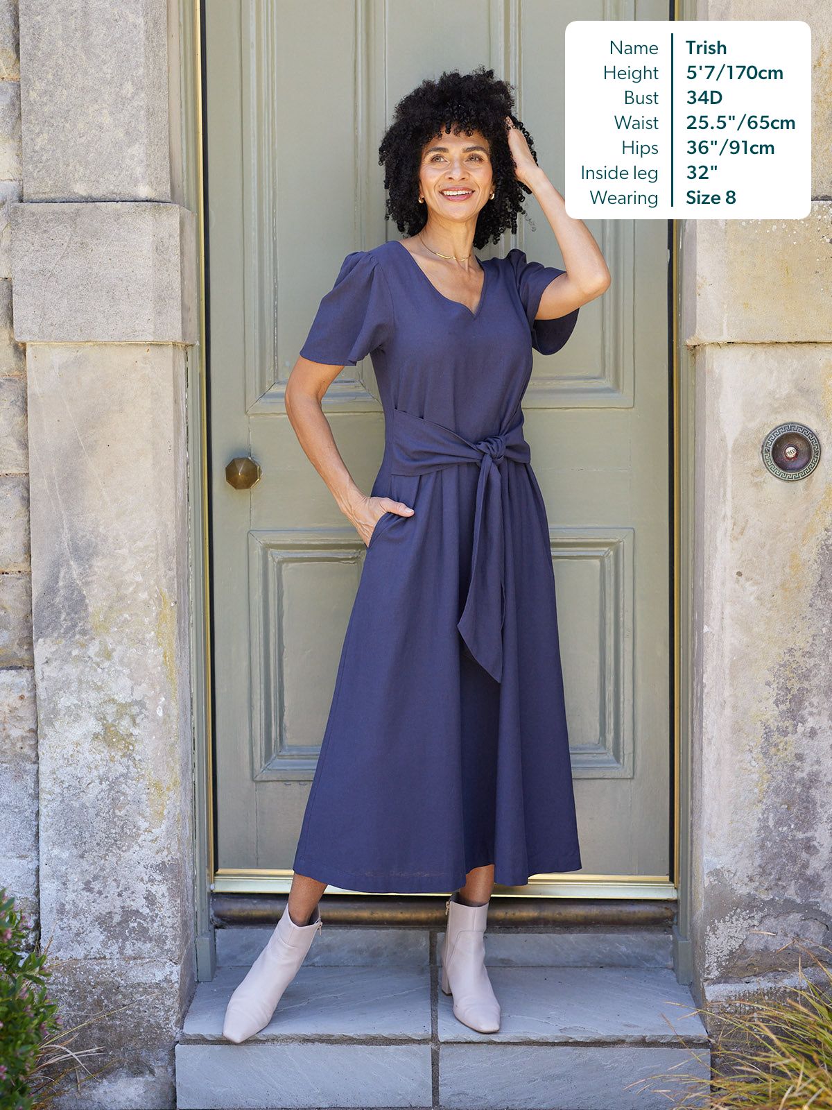 Ruth Angel Sleeve Tie Waist Dress - Navy