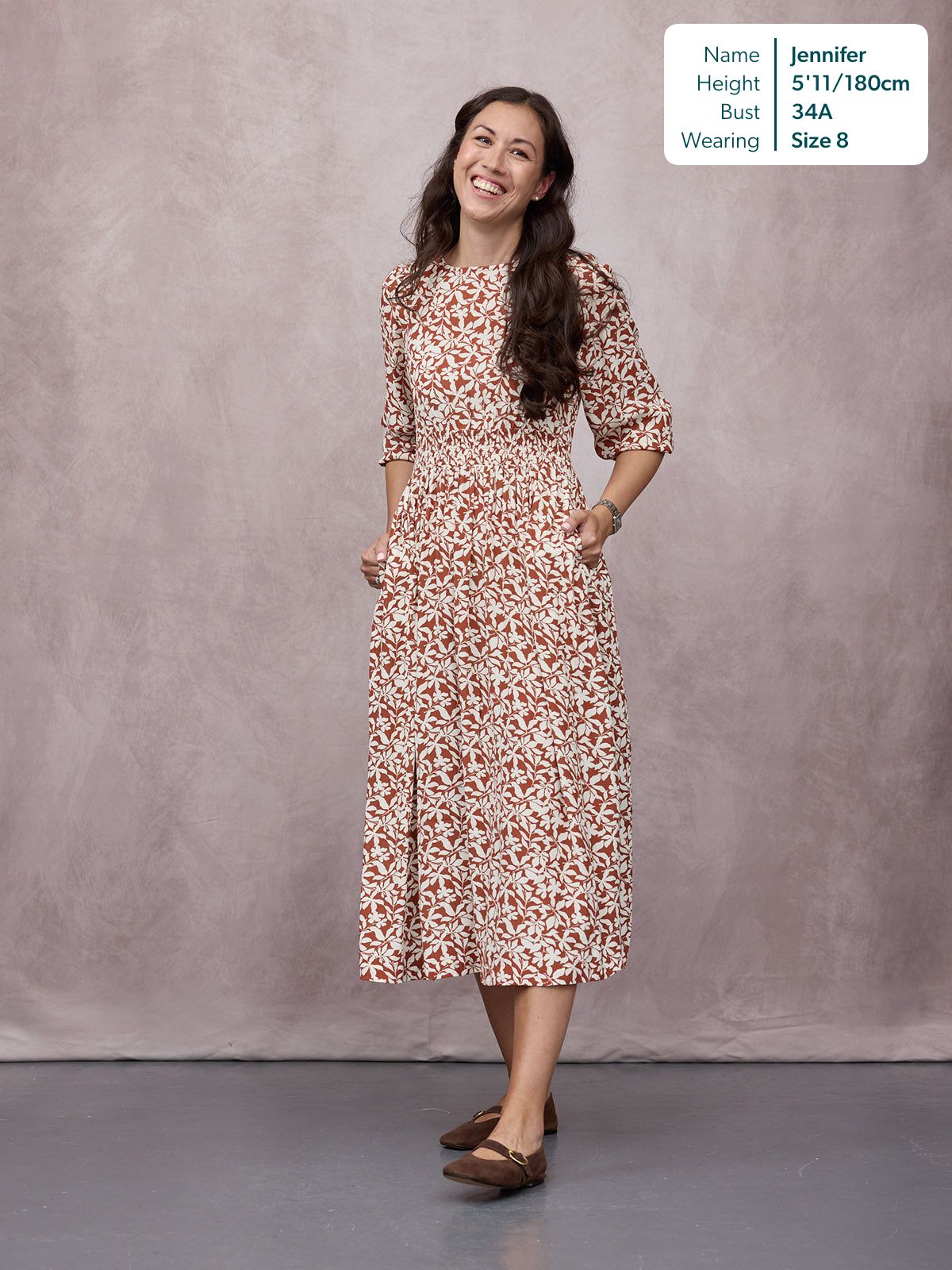 Vera Midi Dress - Terracotta & Ecru Floral Print