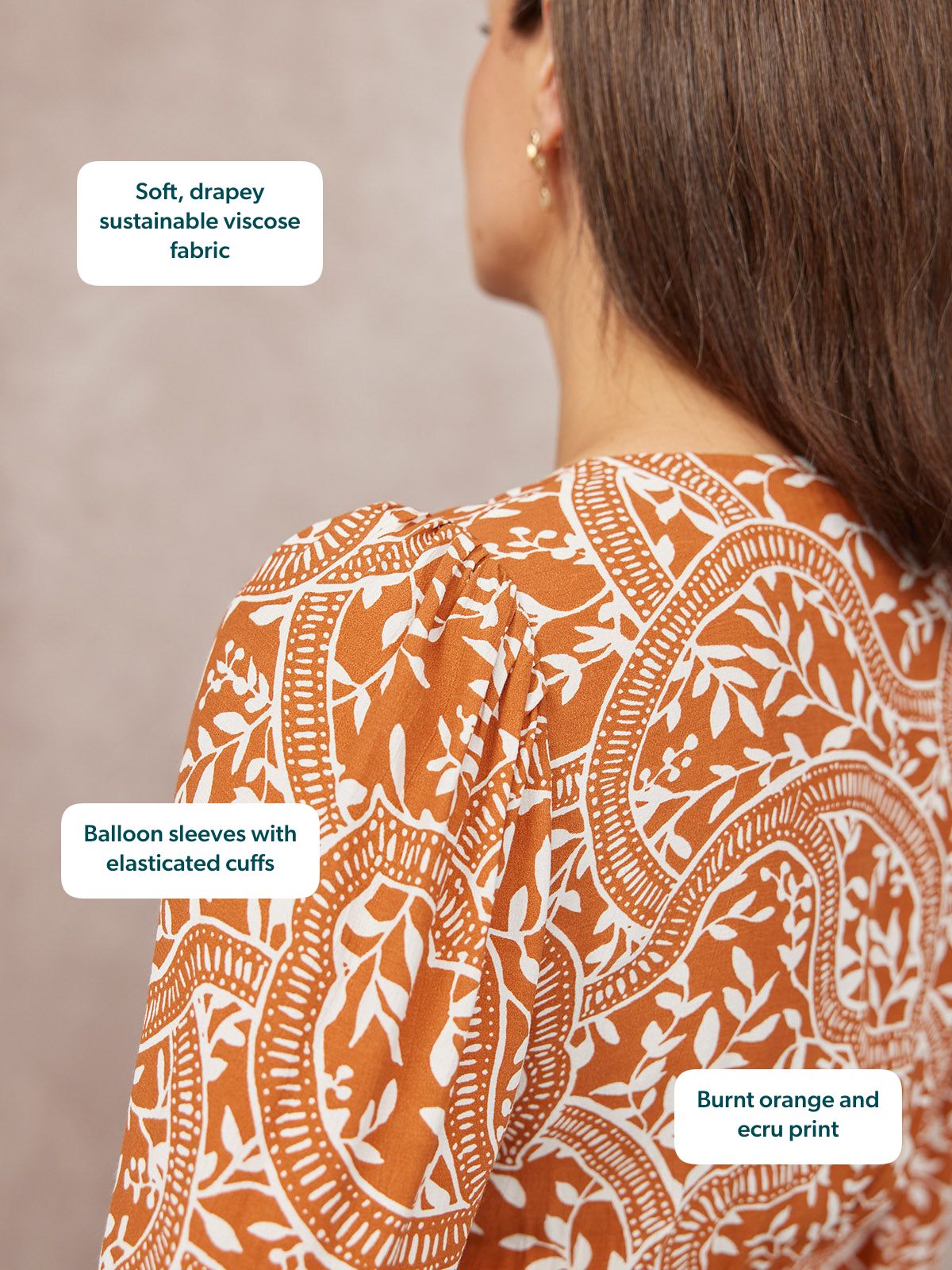 Yara Long Sleeve V-Neck Top - Burnt Orange & Ecru Block Print