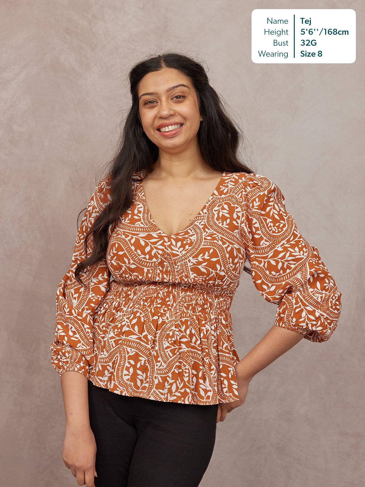 Yara Long Sleeve V-Neck Top - Burnt Orange & Ecru Block Print