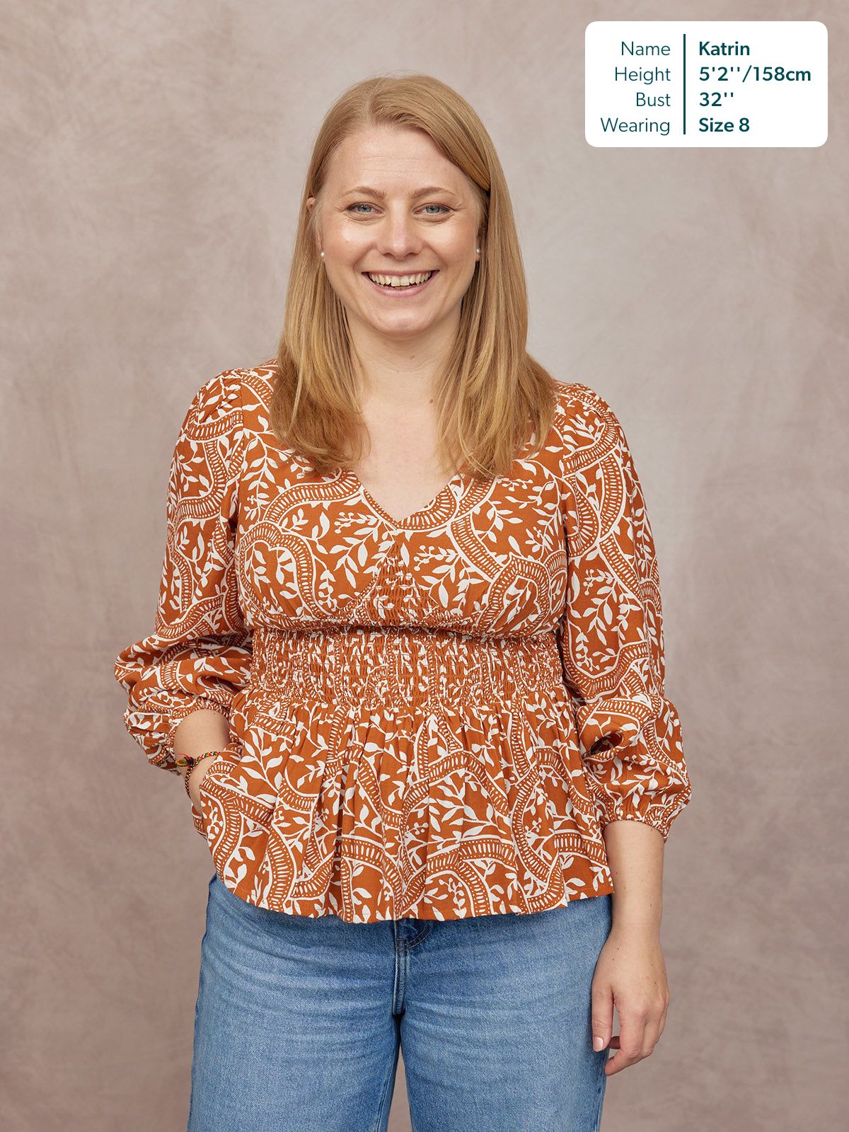 Yara Long Sleeve V-Neck Top - Burnt Orange & Ecru Block Print