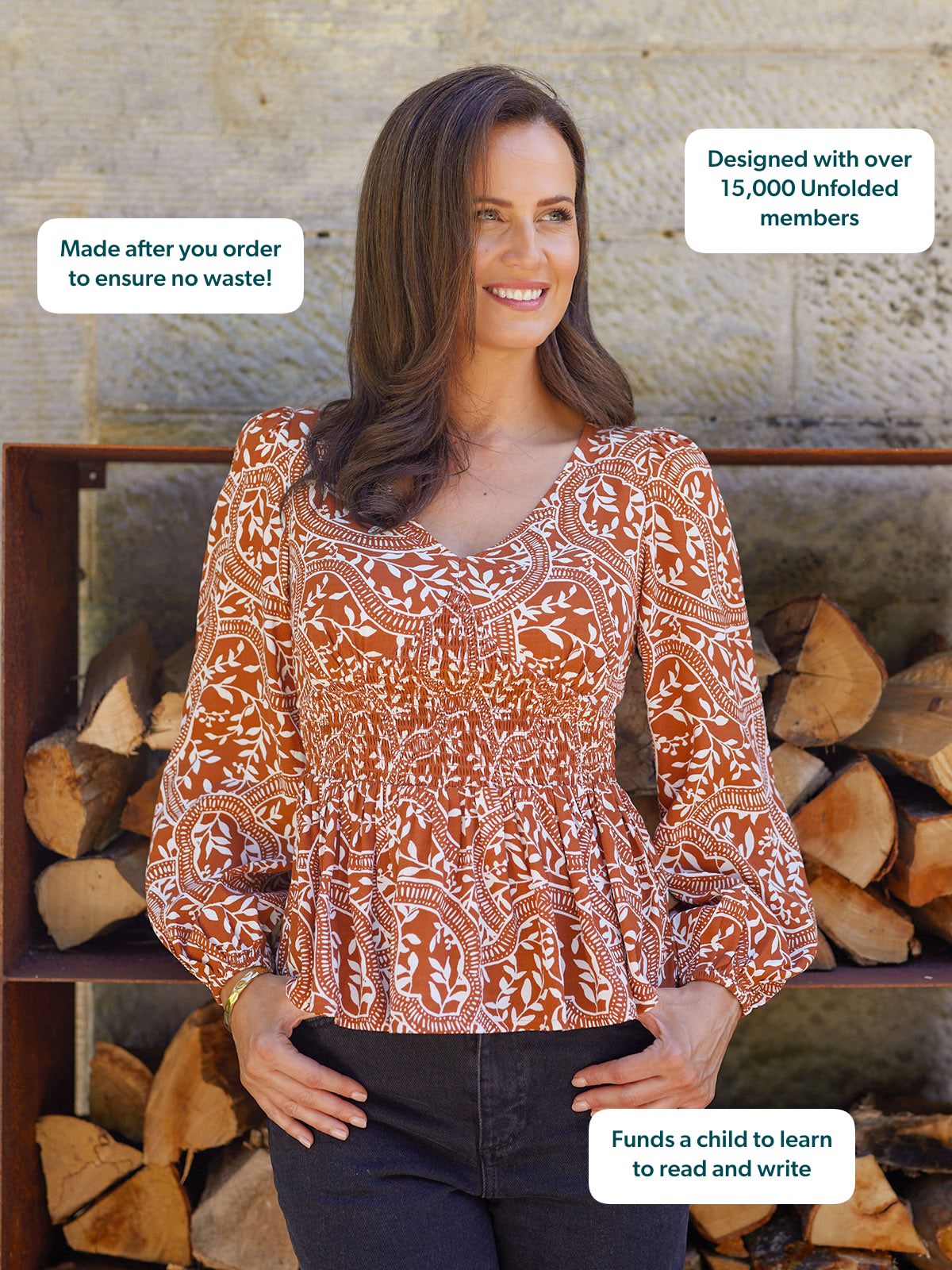 Yara Long Sleeve V-Neck Top - Burnt Orange & Ecru Block Print