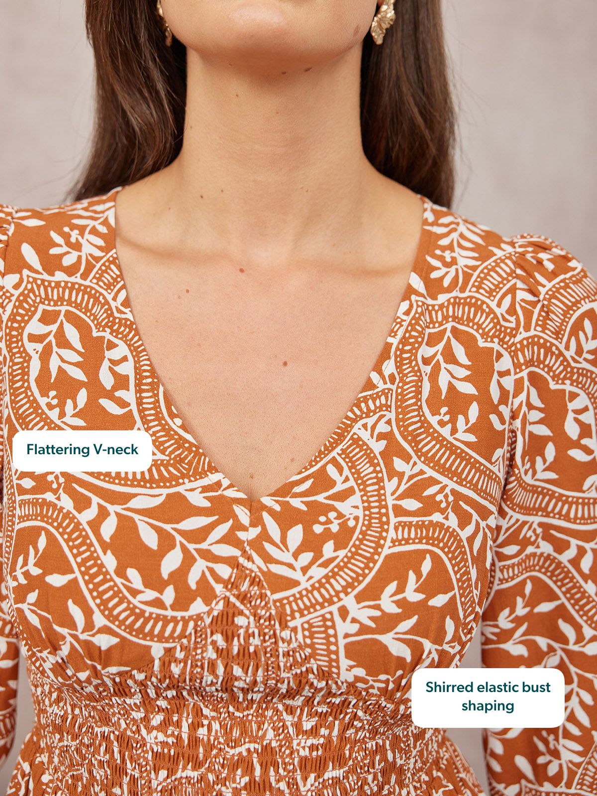 Yara Long Sleeve V-Neck Top - Burnt Orange & Ecru Block Print