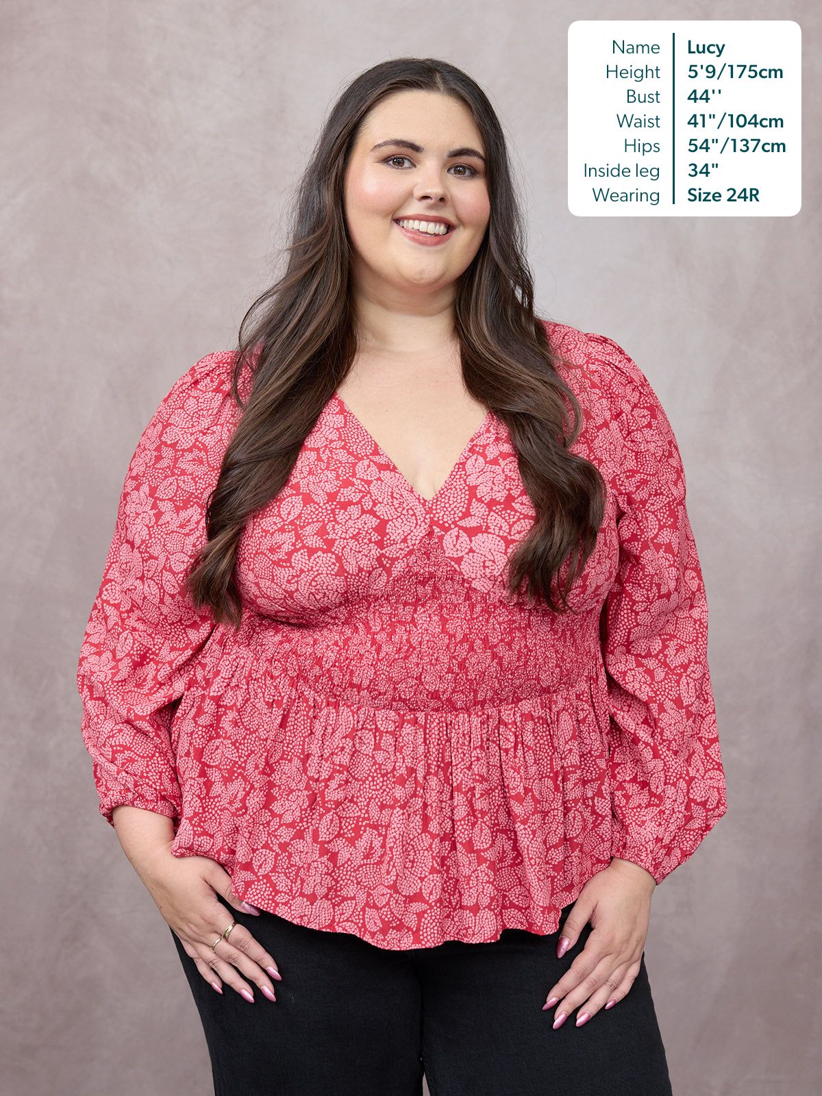 Yara Long Sleeve V-Neck Top - Red & Pink Abstract Floral Print