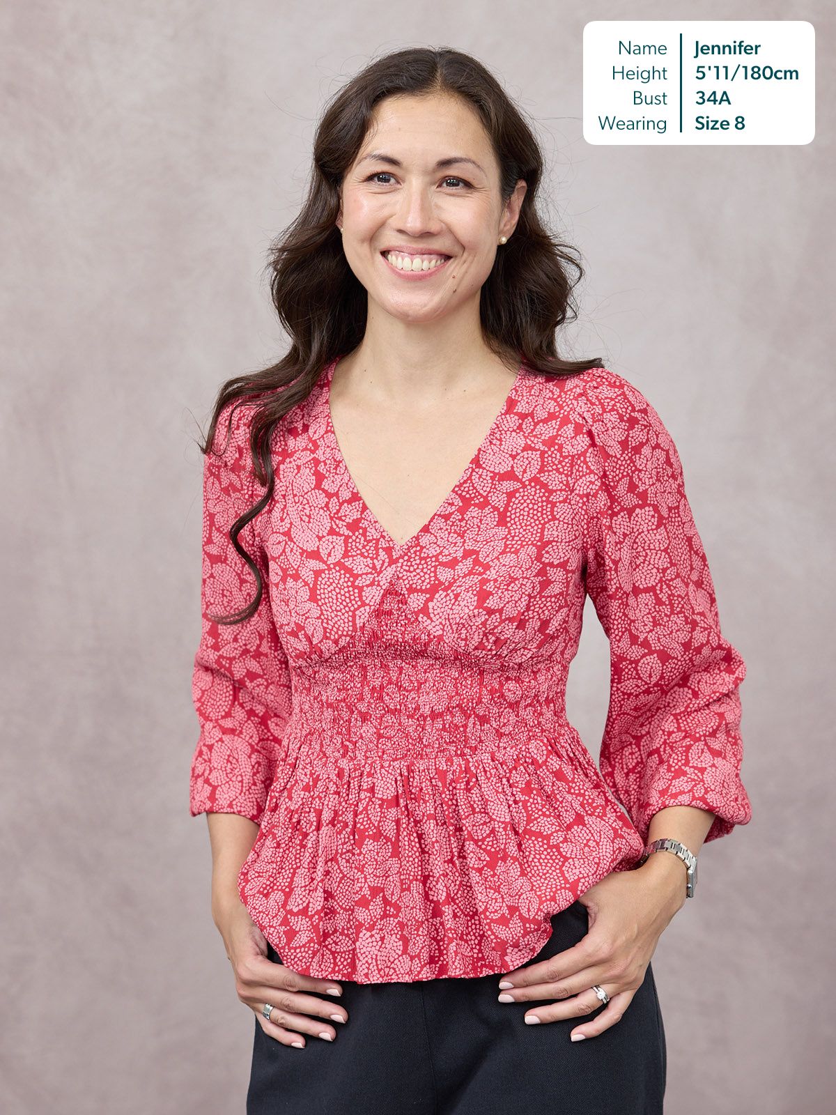 Yara Long Sleeve V-Neck Top - Red & Pink Abstract Floral Print