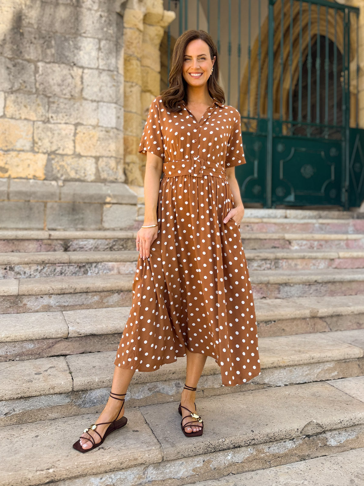 Camilla Shirt Dress - Brown & White Spot Print