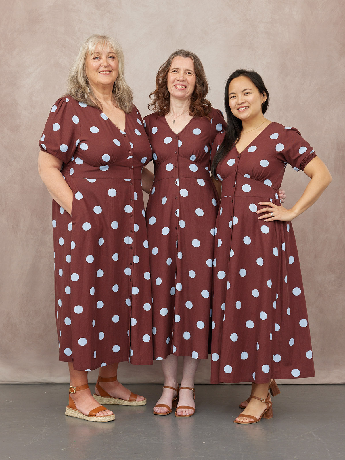 Rodica Puff Sleeve Dress - Brown & Blue Polka Dot