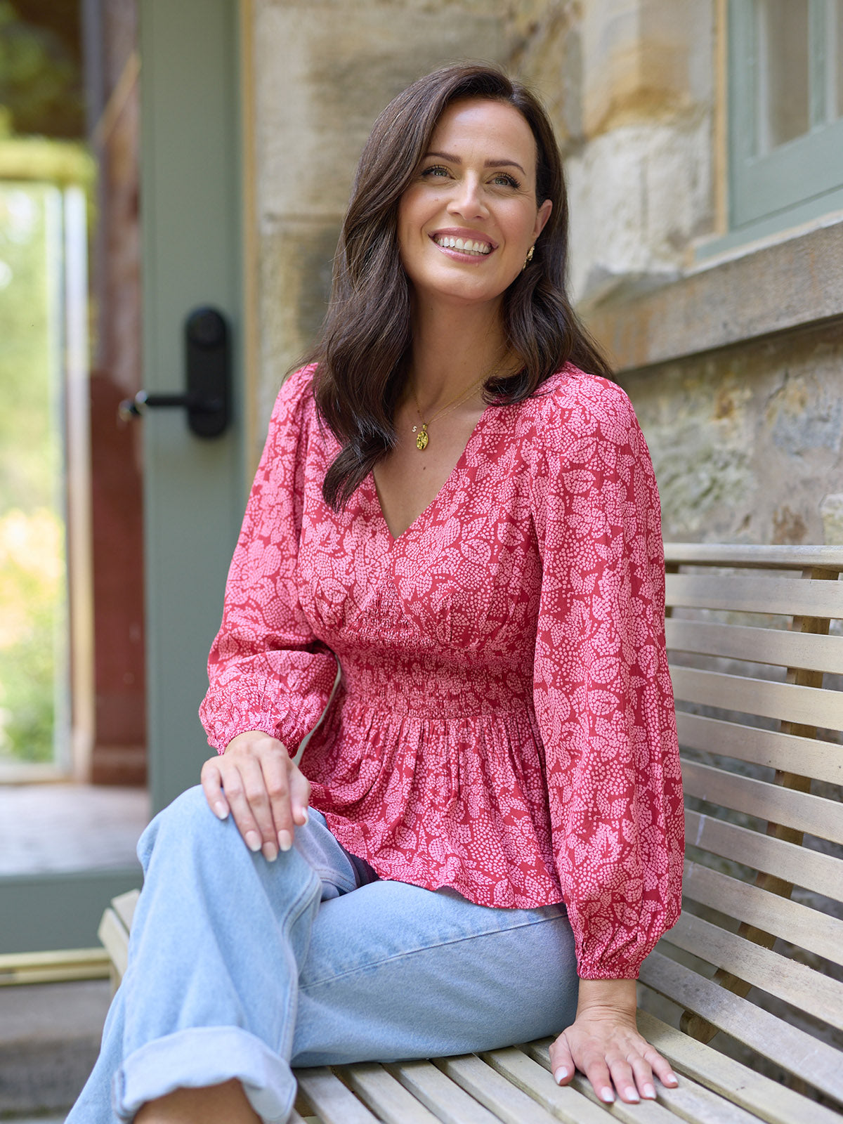 Yara Long Sleeve V-Neck Top - Red & Pink Abstract Floral Print