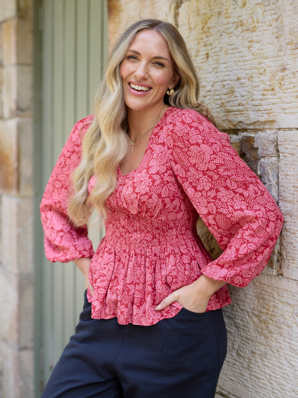 Yara Long Sleeve V-Neck Top - Red & Pink Abstract Floral Print