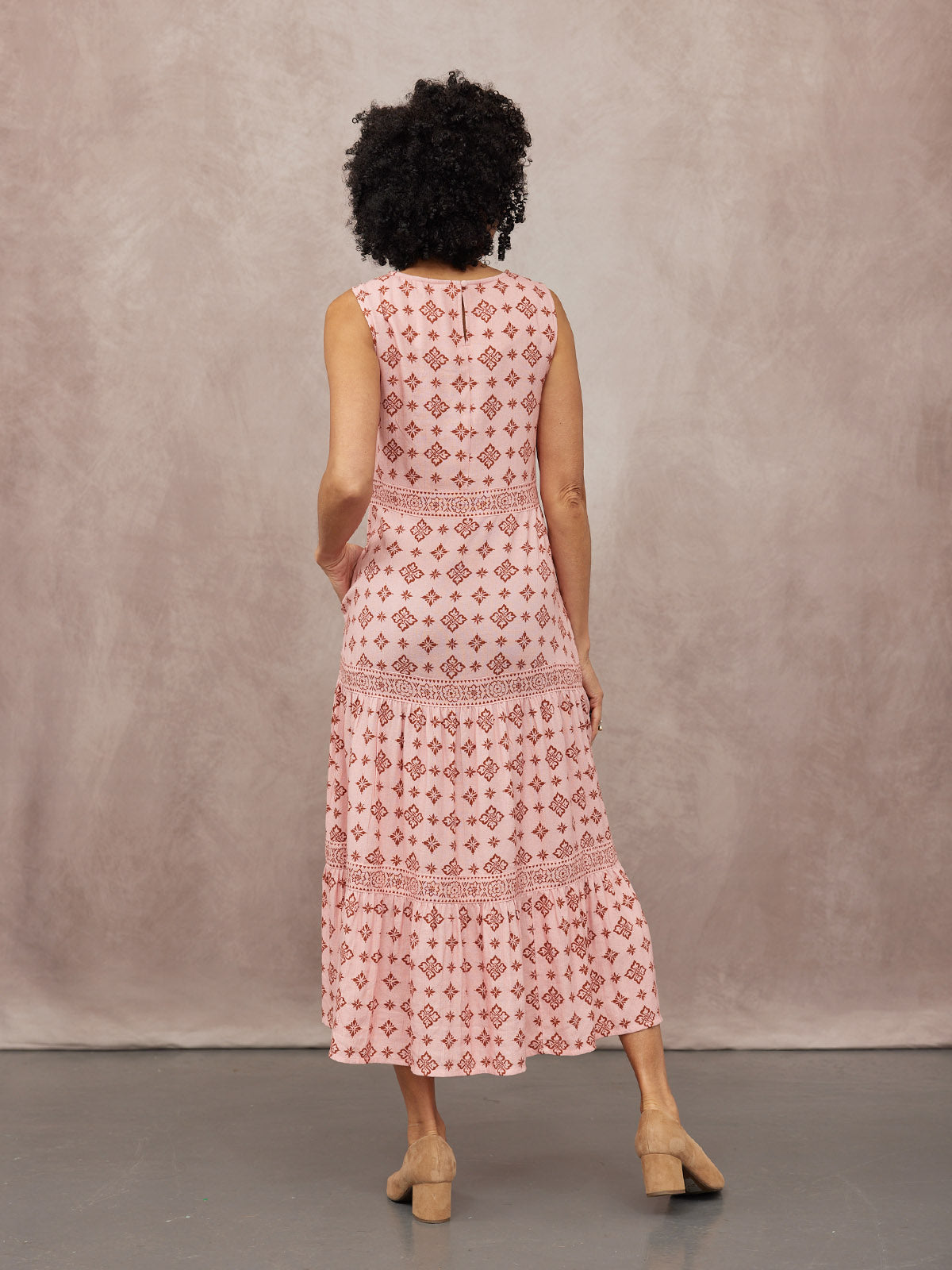 Marie Sleeveless Tiered Dress - Pink & Rust Print