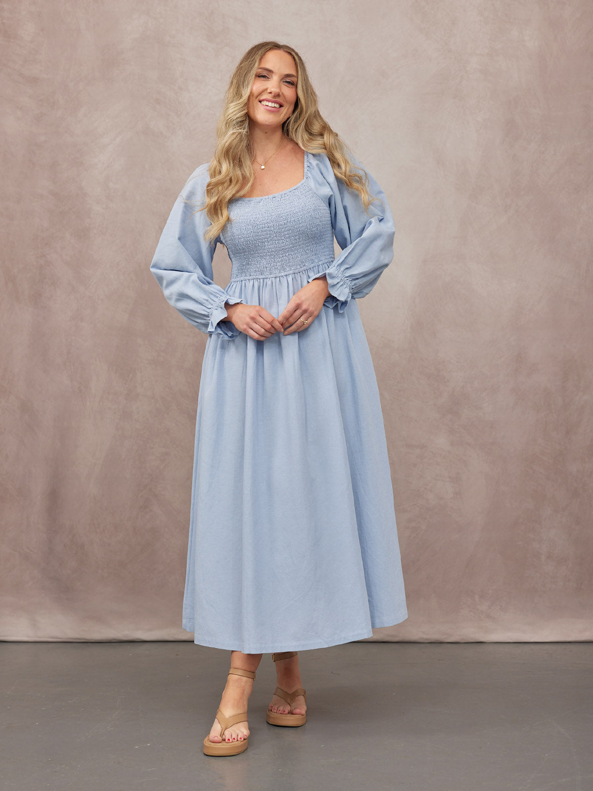 Sam Shirred Dress - Blue