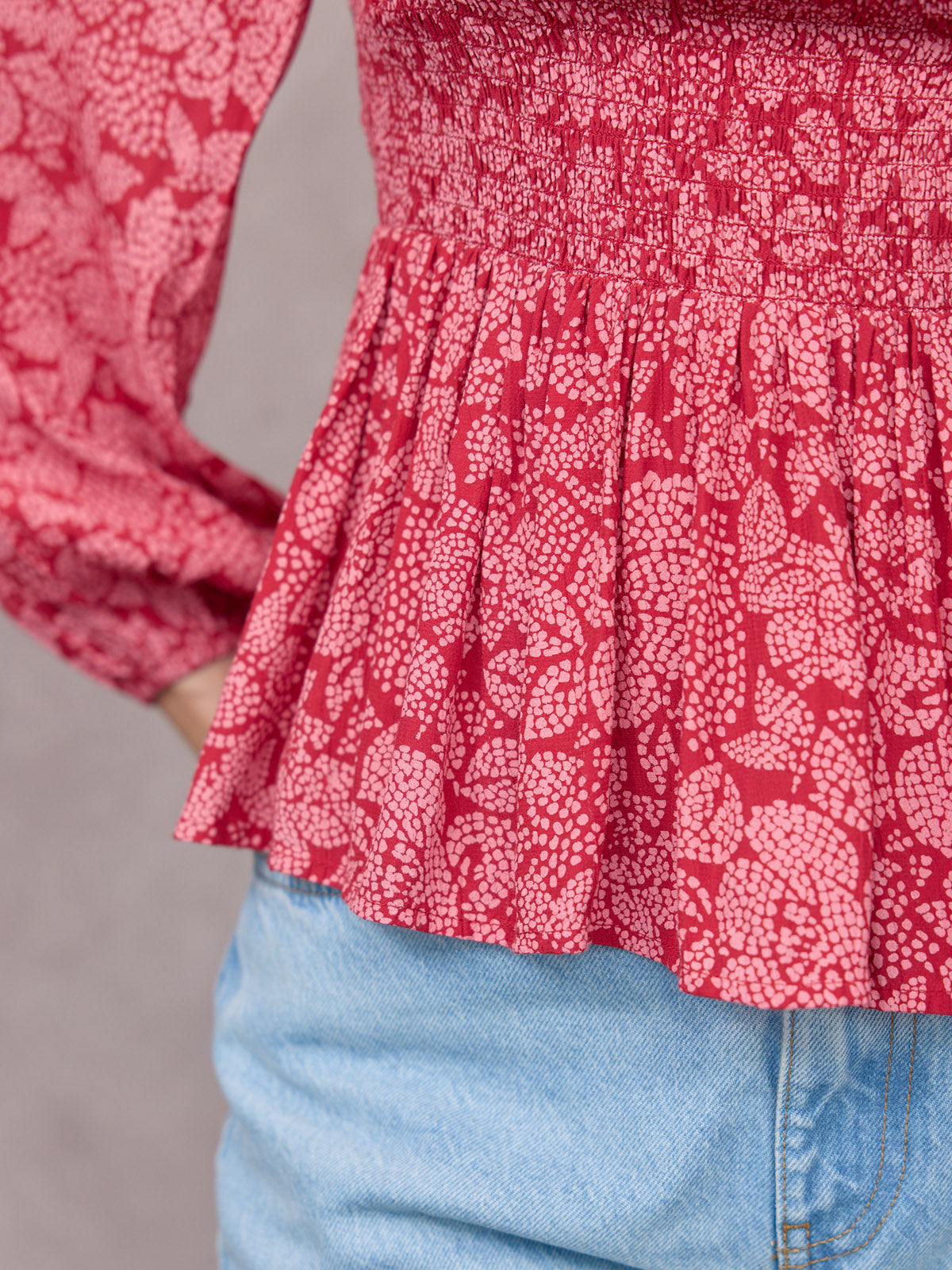Yara Long Sleeve V-Neck Top - Red & Pink Abstract Floral Print