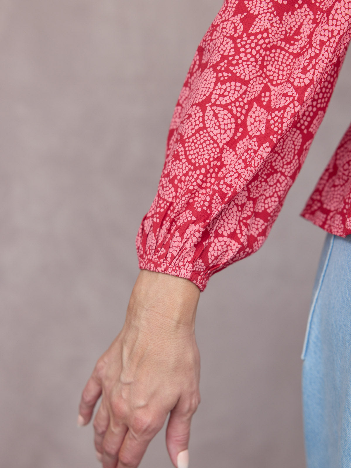 Yara Long Sleeve V-Neck Top - Red & Pink Abstract Floral Print