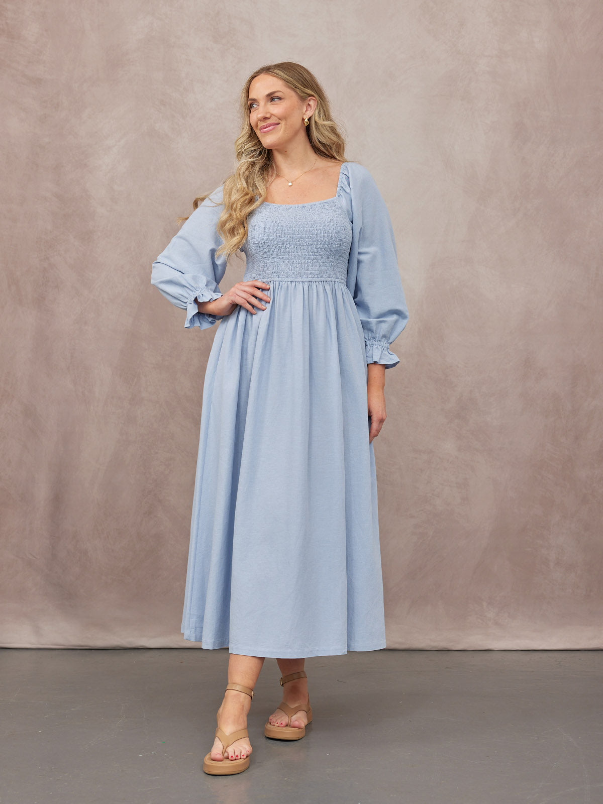 Sam Shirred Dress - Blue