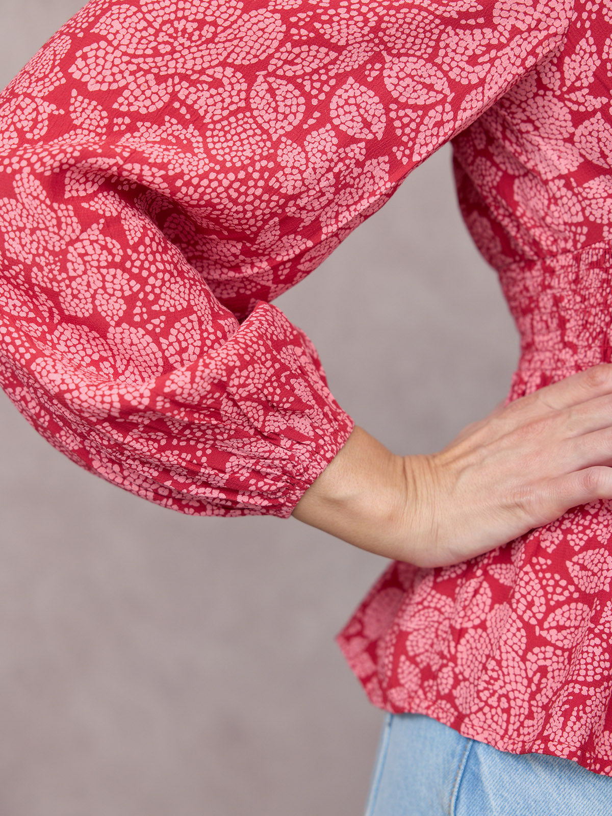 Yara Long Sleeve V-Neck Top - Red & Pink Abstract Floral Print