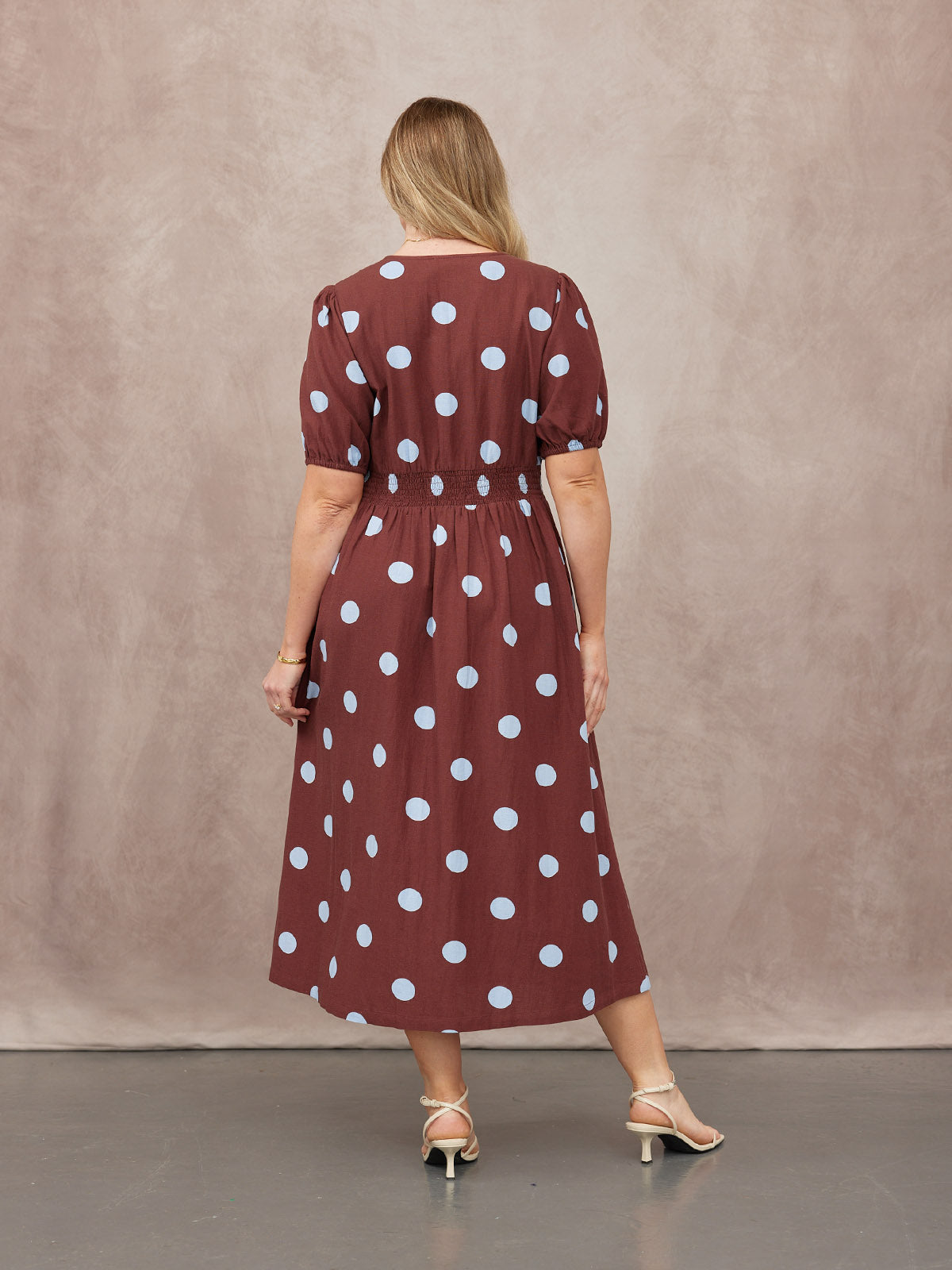 Rodica Puff Sleeve Dress - Brown & Blue Polka Dot