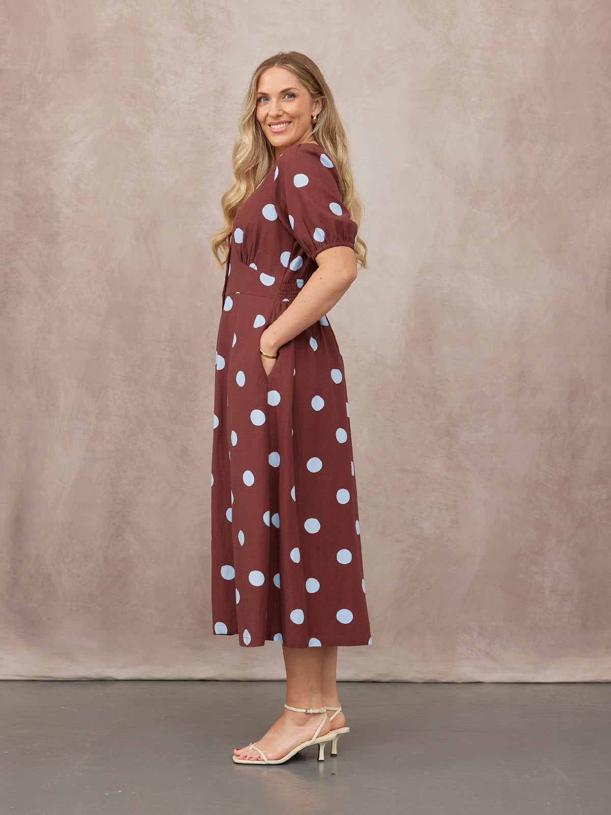 Rodica Puff Sleeve Dress - Brown & Blue Polka Dot