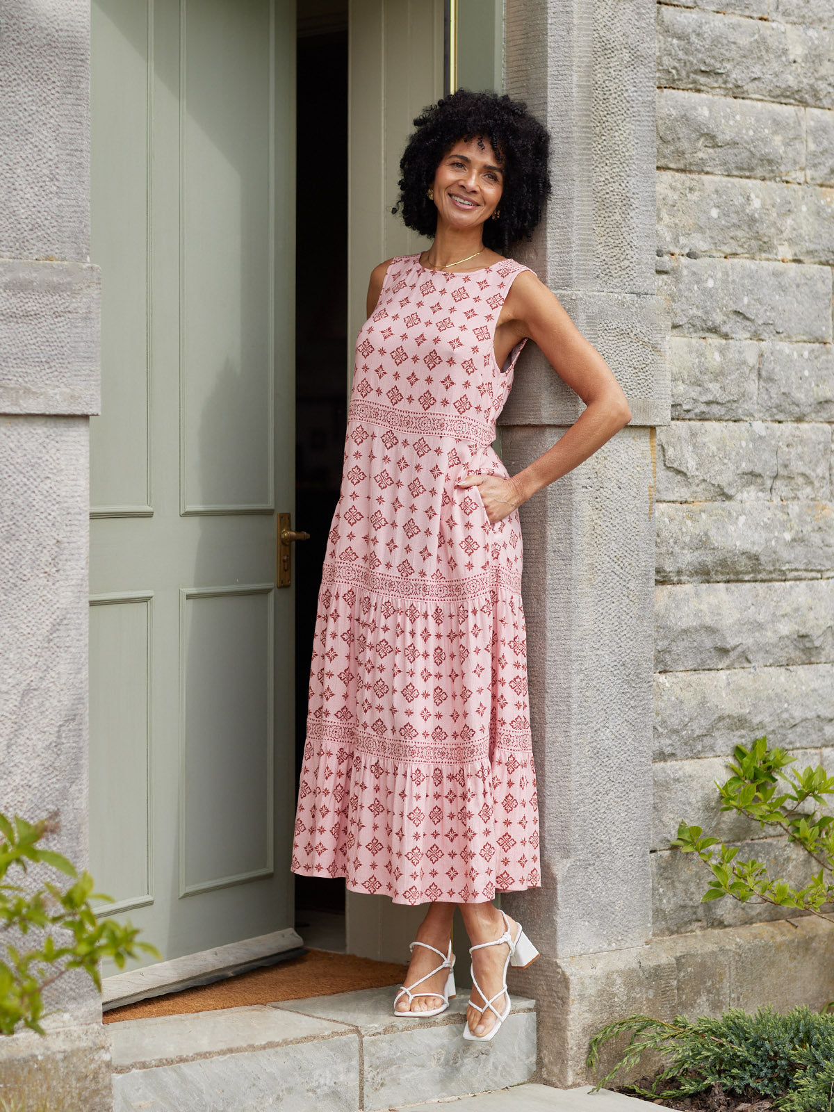 Marie Sleeveless Tiered Dress - Pink & Rust Print