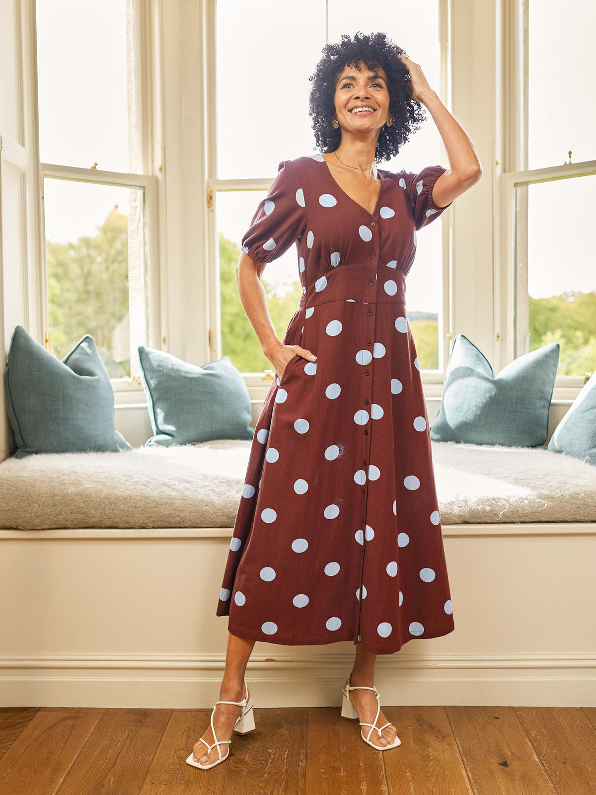 Rodica Puff Sleeve Dress - Brown & Blue Polka Dot