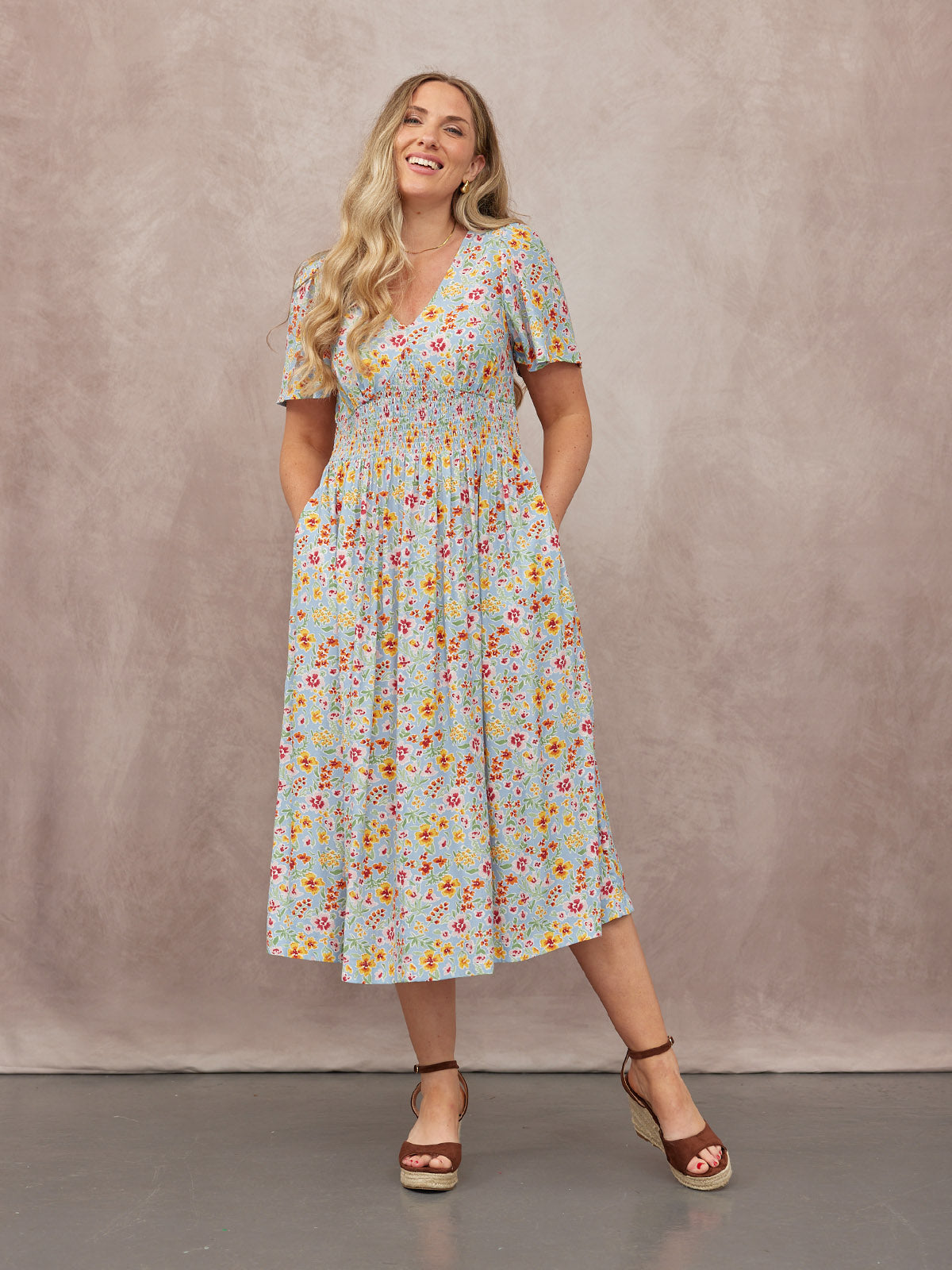 Maddie Short Sleeve Dress -  Light Blue Floral Print