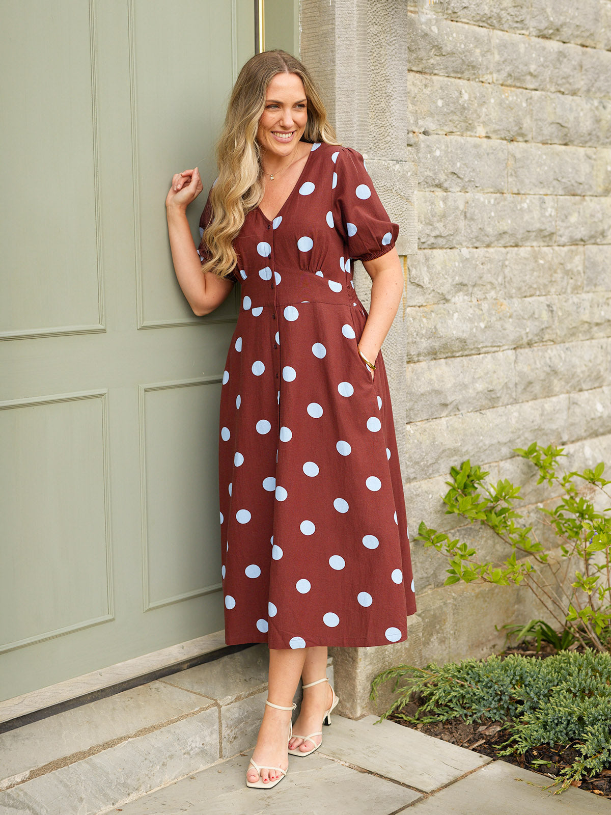 Rodica Puff Sleeve Dress - Brown & Blue Polka Dot