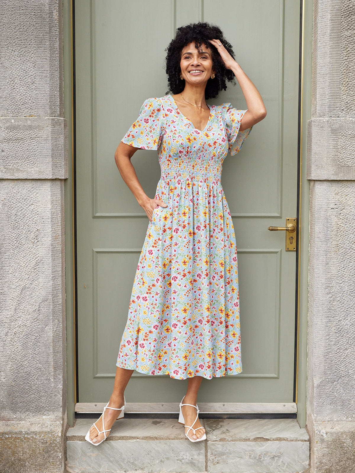 Maddie Short Sleeve Dress -  Light Blue Floral Print