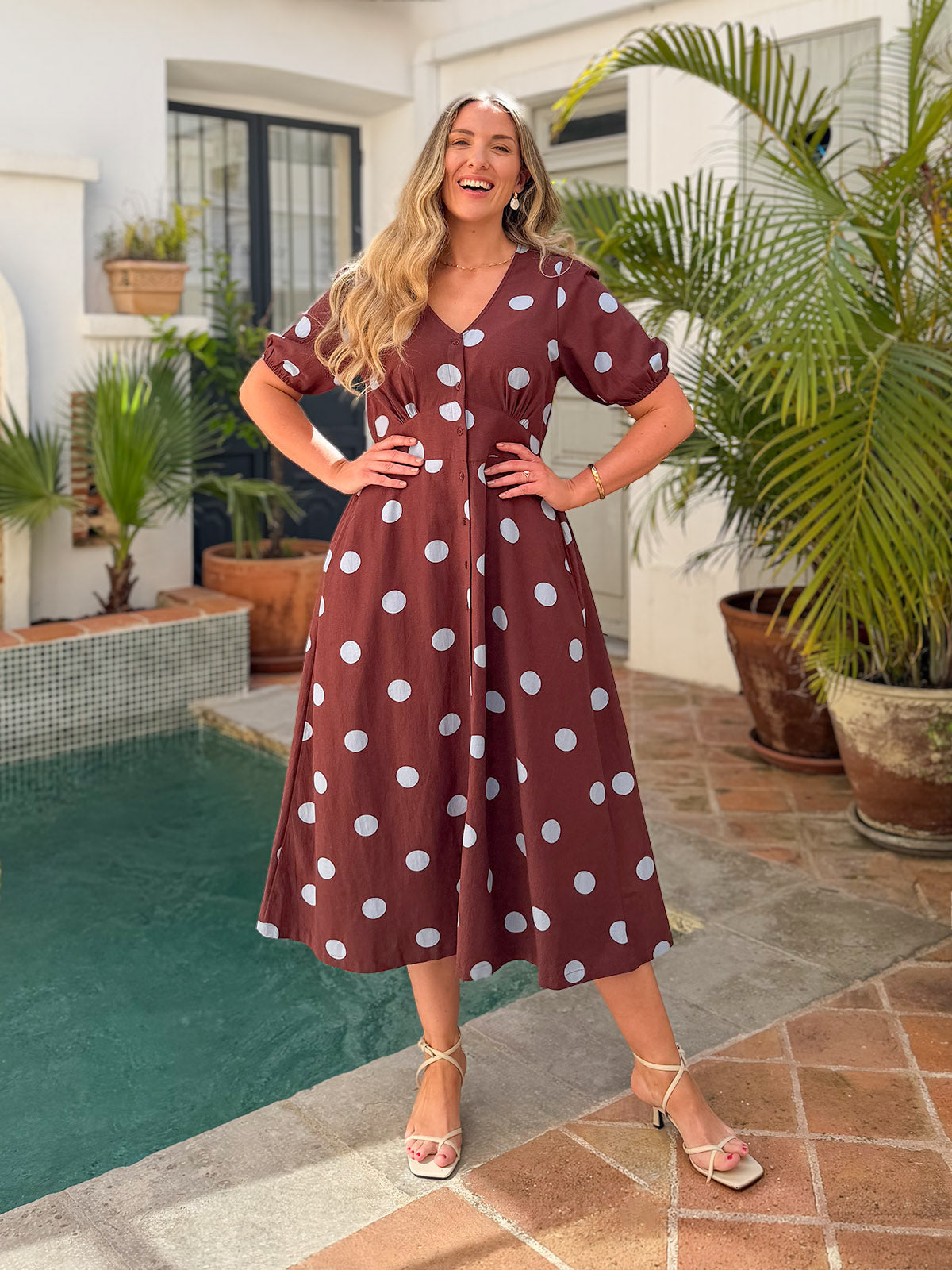 Rodica Puff Sleeve Dress - Brown & Blue Polka Dot