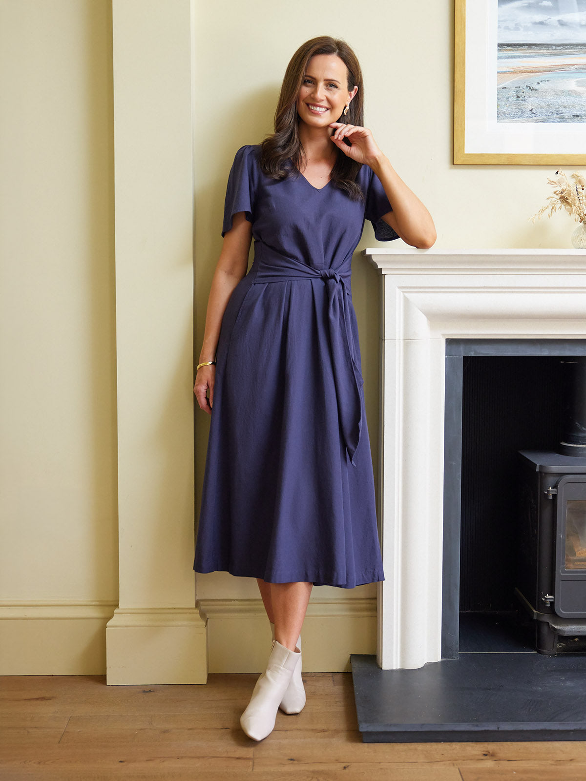 Ruth Angel Sleeve Tie Waist Dress - Navy