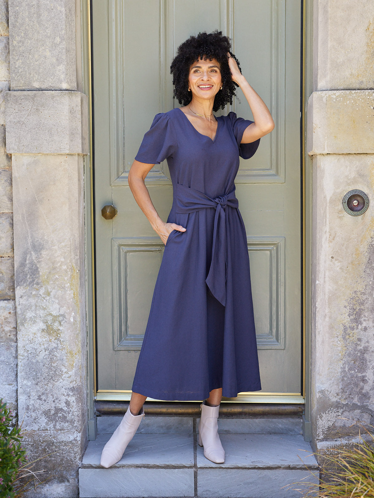Ruth Angel Sleeve Tie Waist Dress - Navy