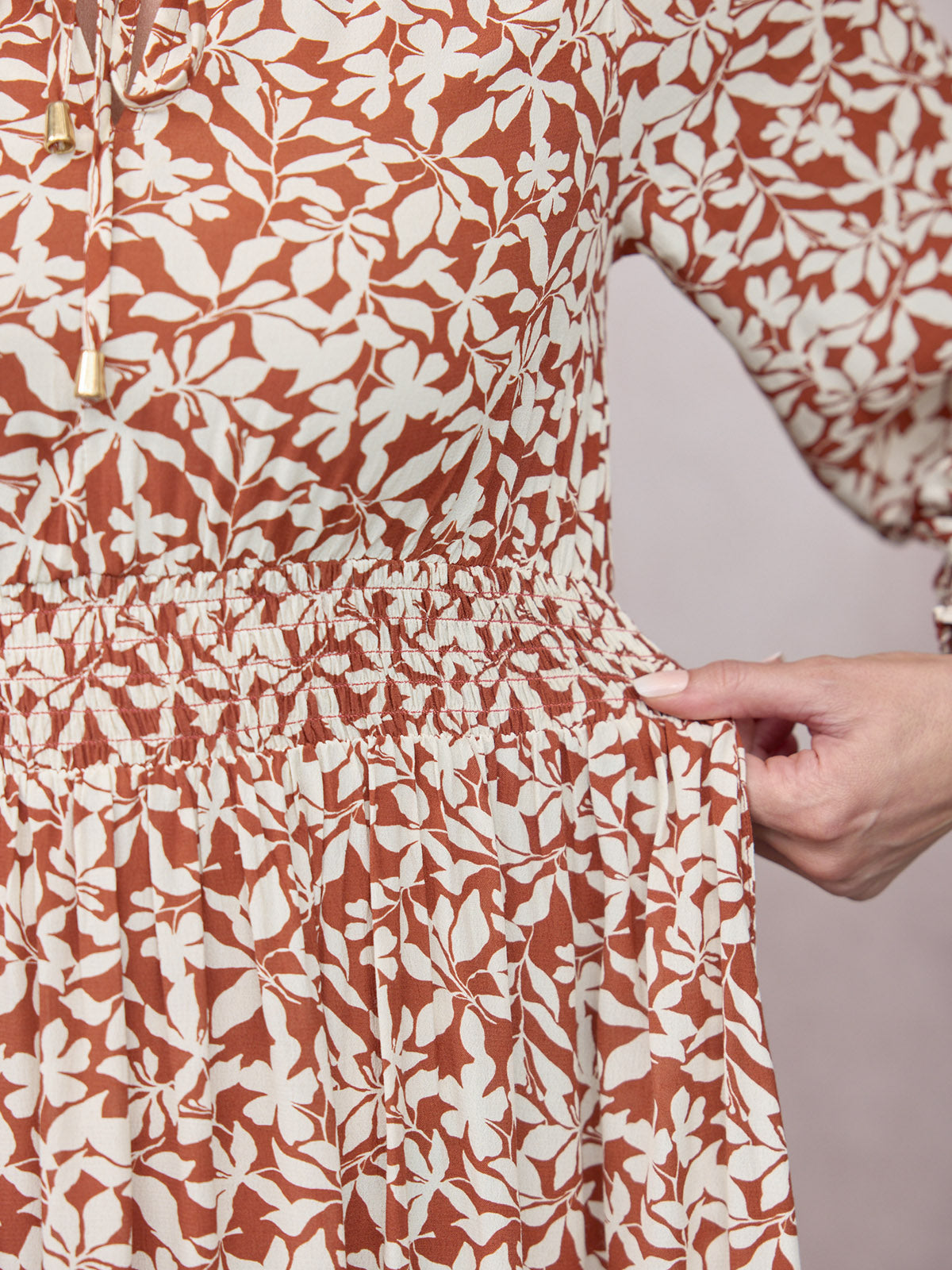 Vera Midi Dress - Terracotta & Ecru Floral Print