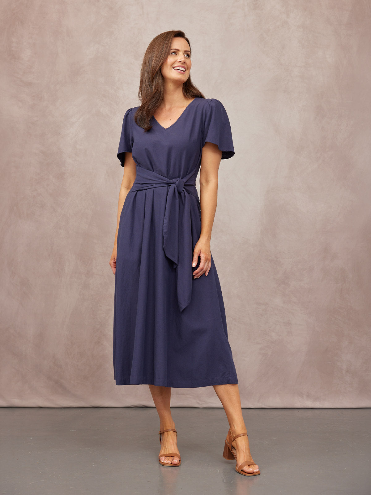 Ruth Angel Sleeve Tie Waist Dress - Navy