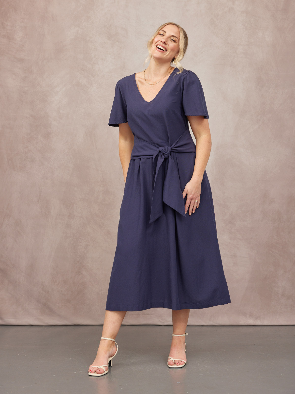 Ruth Angel Sleeve Tie Waist Dress - Navy