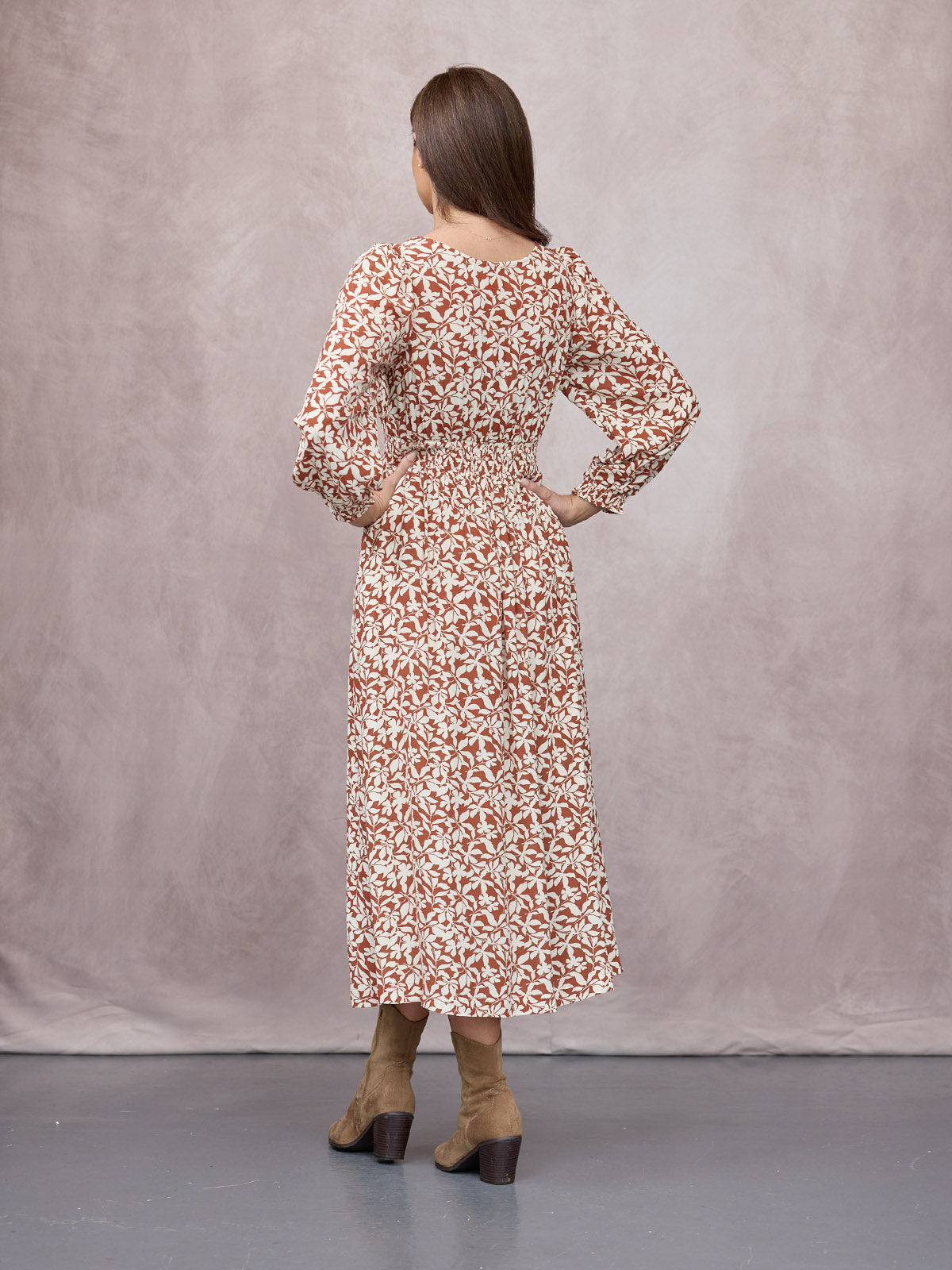 Vera Midi Dress - Terracotta & Ecru Floral Print