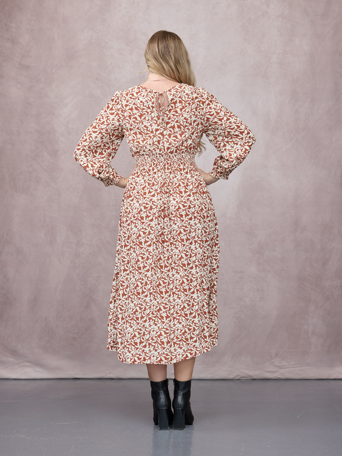 Vera Midi Dress - Terracotta & Ecru Floral Print