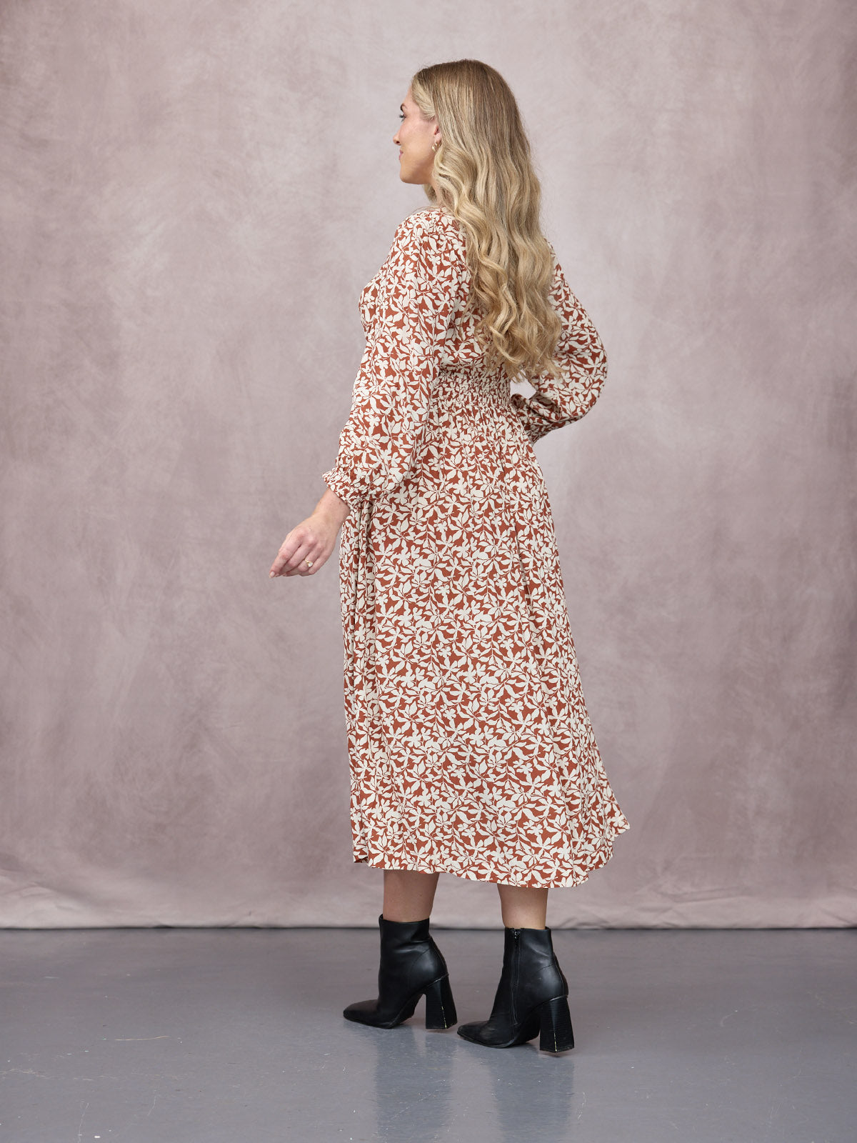 Vera Midi Dress - Terracotta & Ecru Floral Print