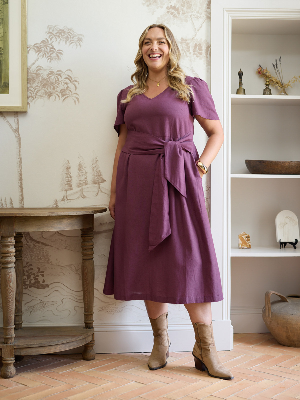 Ruth Angel Sleeve Tie Waist Dress - Plum