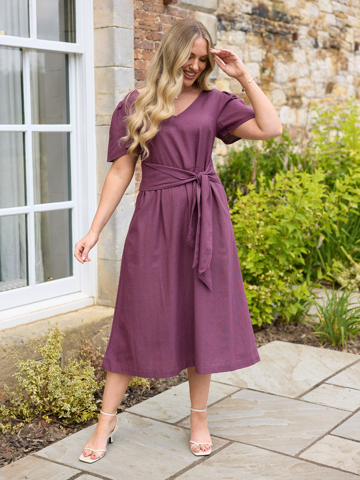 Ruth Angel Sleeve Tie Waist Dress - Plum