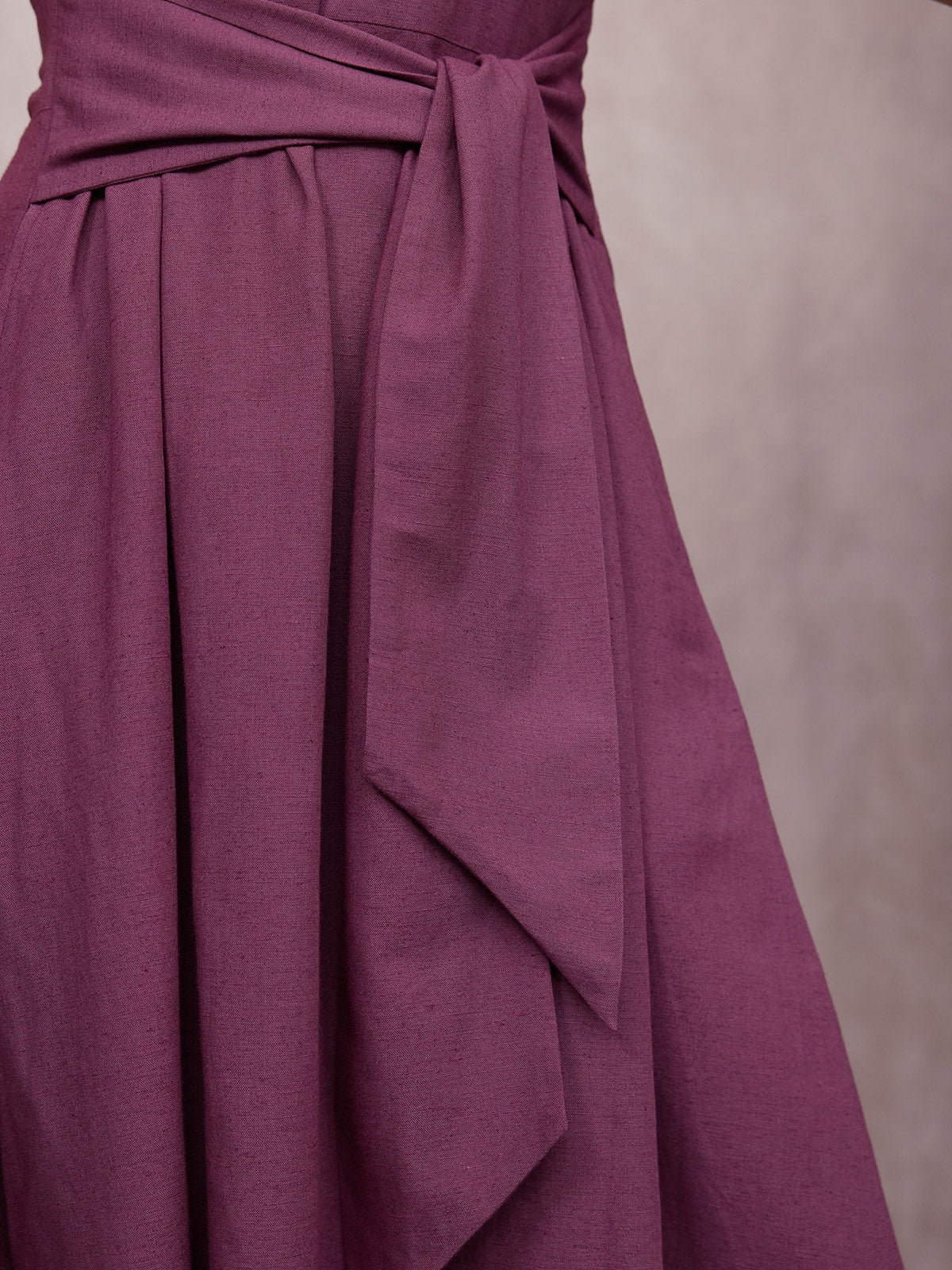 Ruth Angel Sleeve Tie Waist Dress - Plum