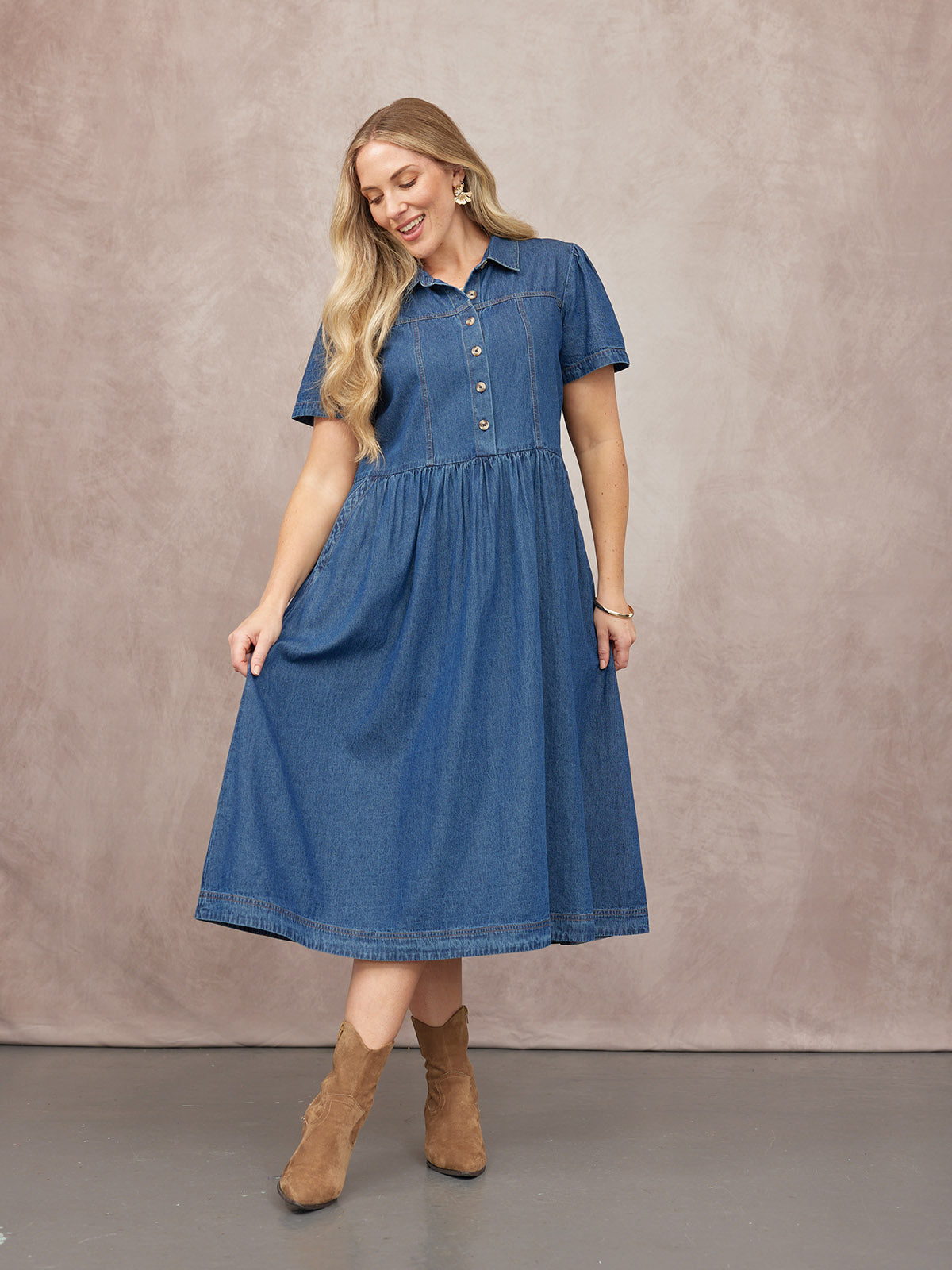Rhiona Set-In Short Sleeve Denim Shirt Dress - Blue