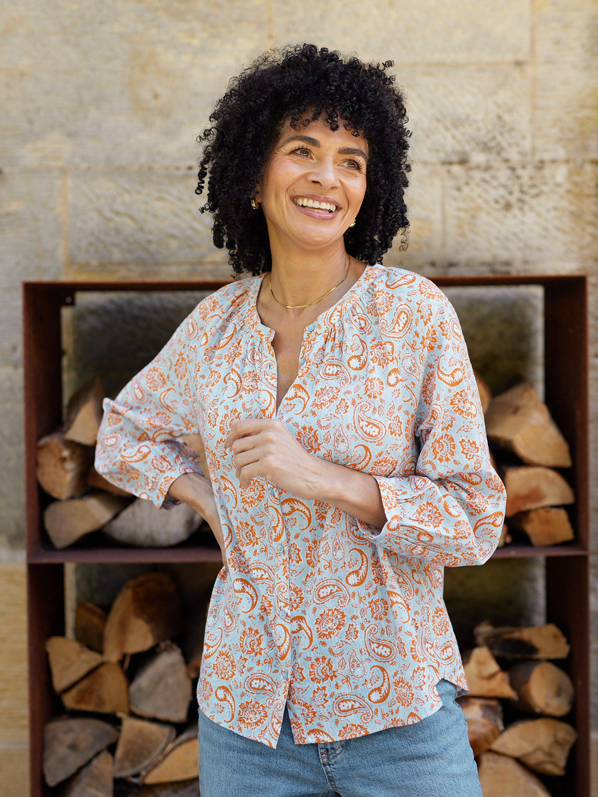 Niya Button-Through Blouse - Light Blue & Orange Paisley Print