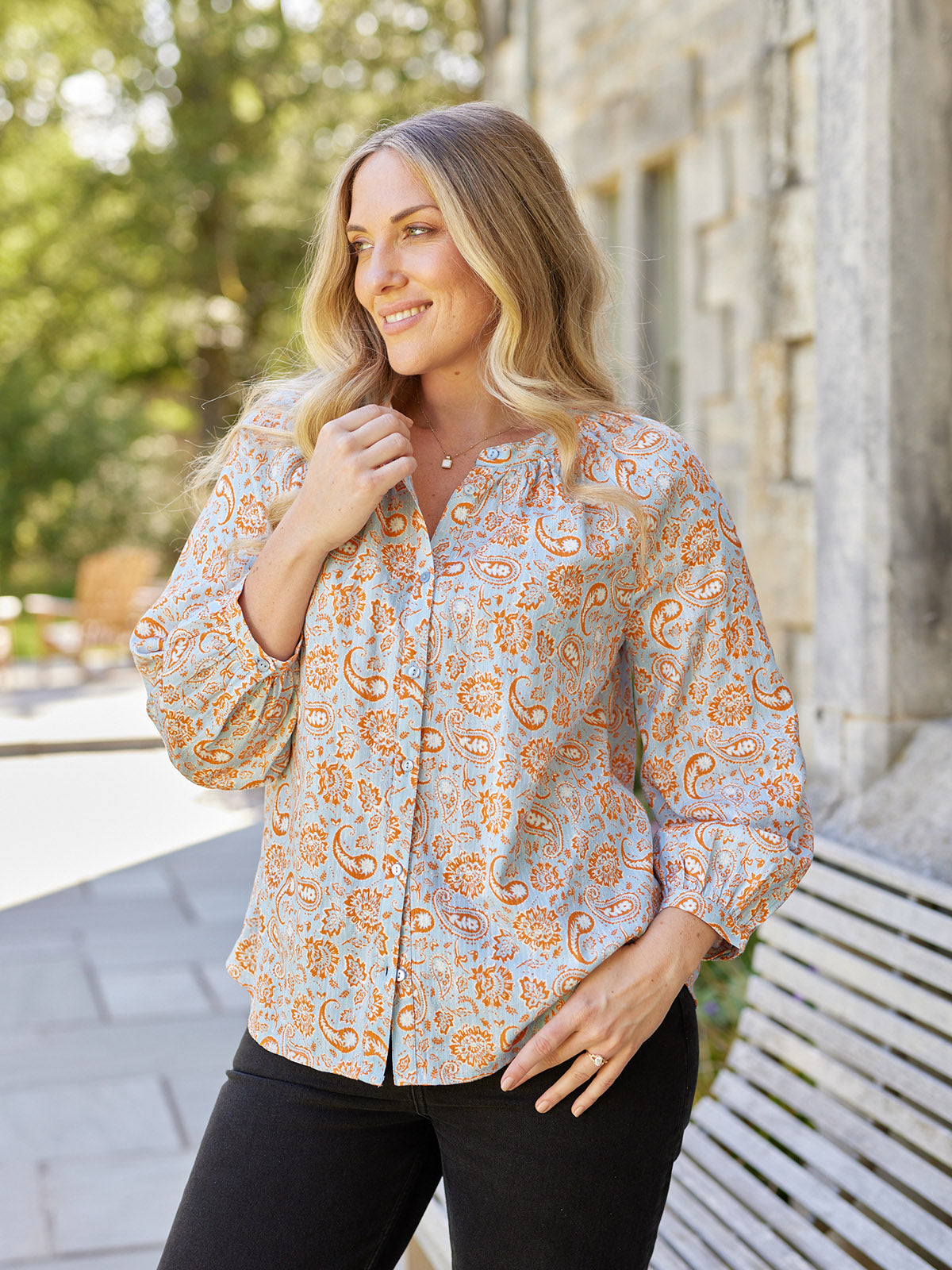 Niya Button-Through Blouse - Light Blue & Orange Paisley Print