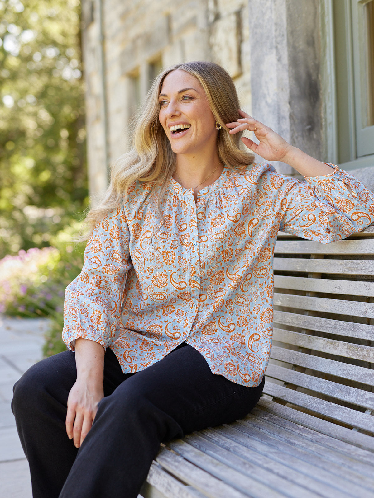 Niya Button-Through Blouse - Light Blue & Orange Paisley Print