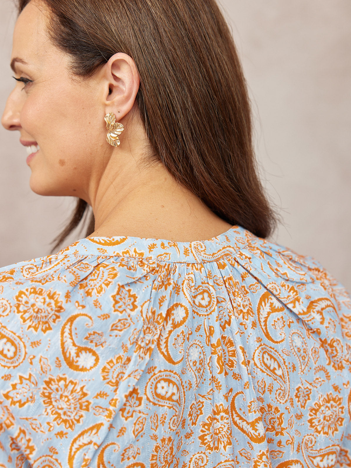 Niya Button-Through Blouse - Light Blue & Orange Paisley Print