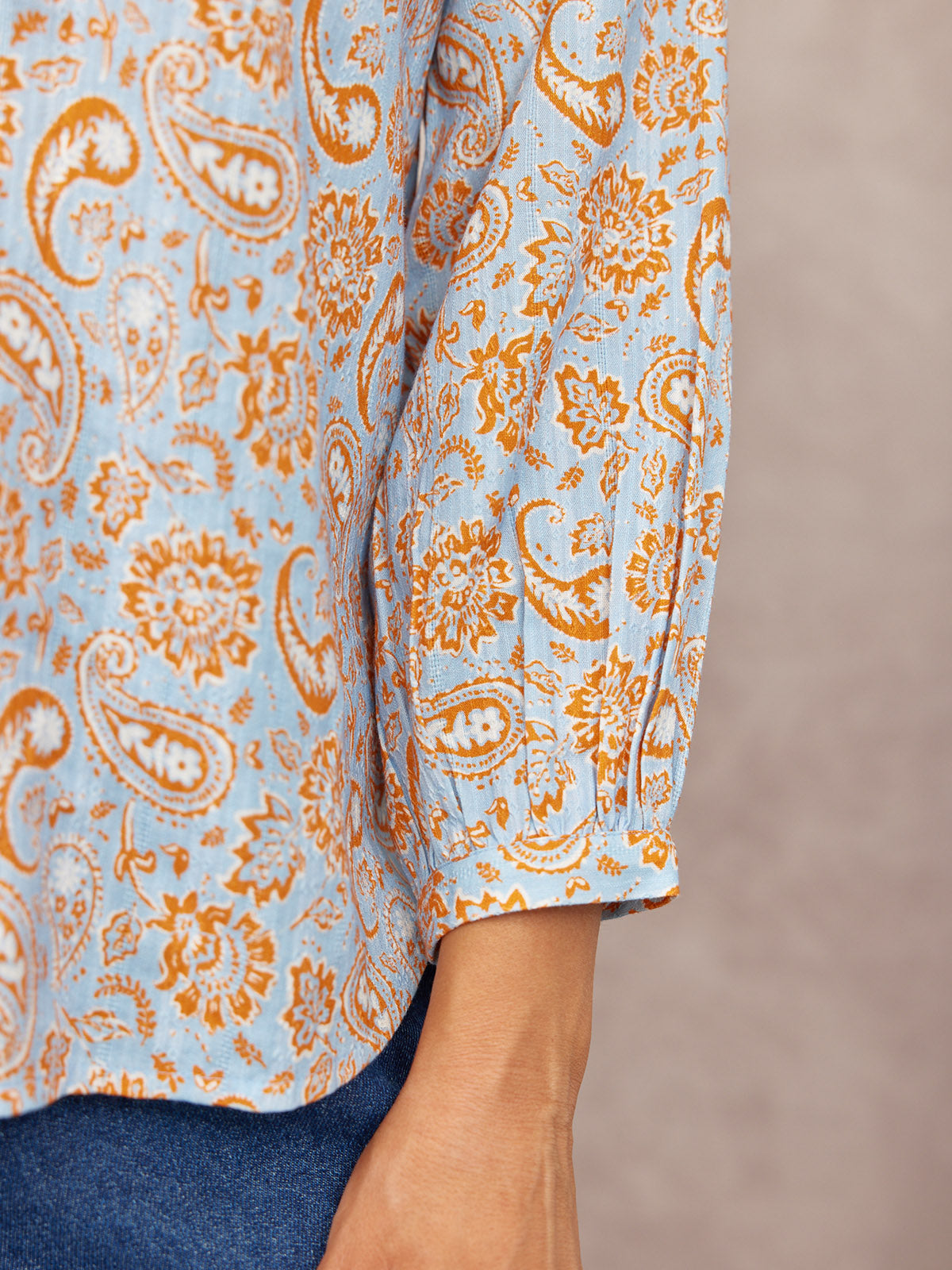 Niya Button-Through Blouse - Light Blue & Orange Paisley Print