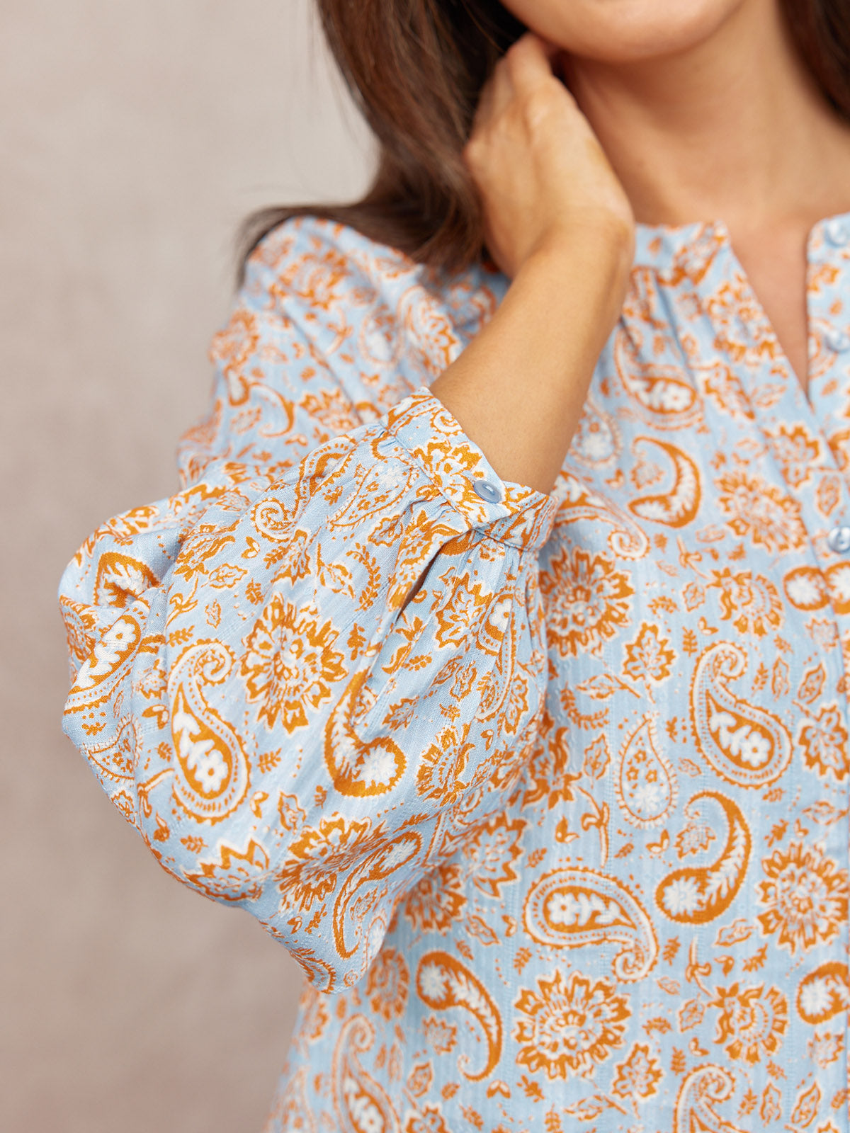 Niya Button-Through Blouse - Light Blue & Orange Paisley Print