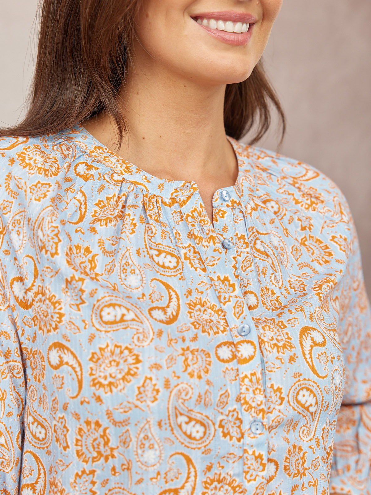 Niya Button-Through Blouse - Light Blue & Orange Paisley Print