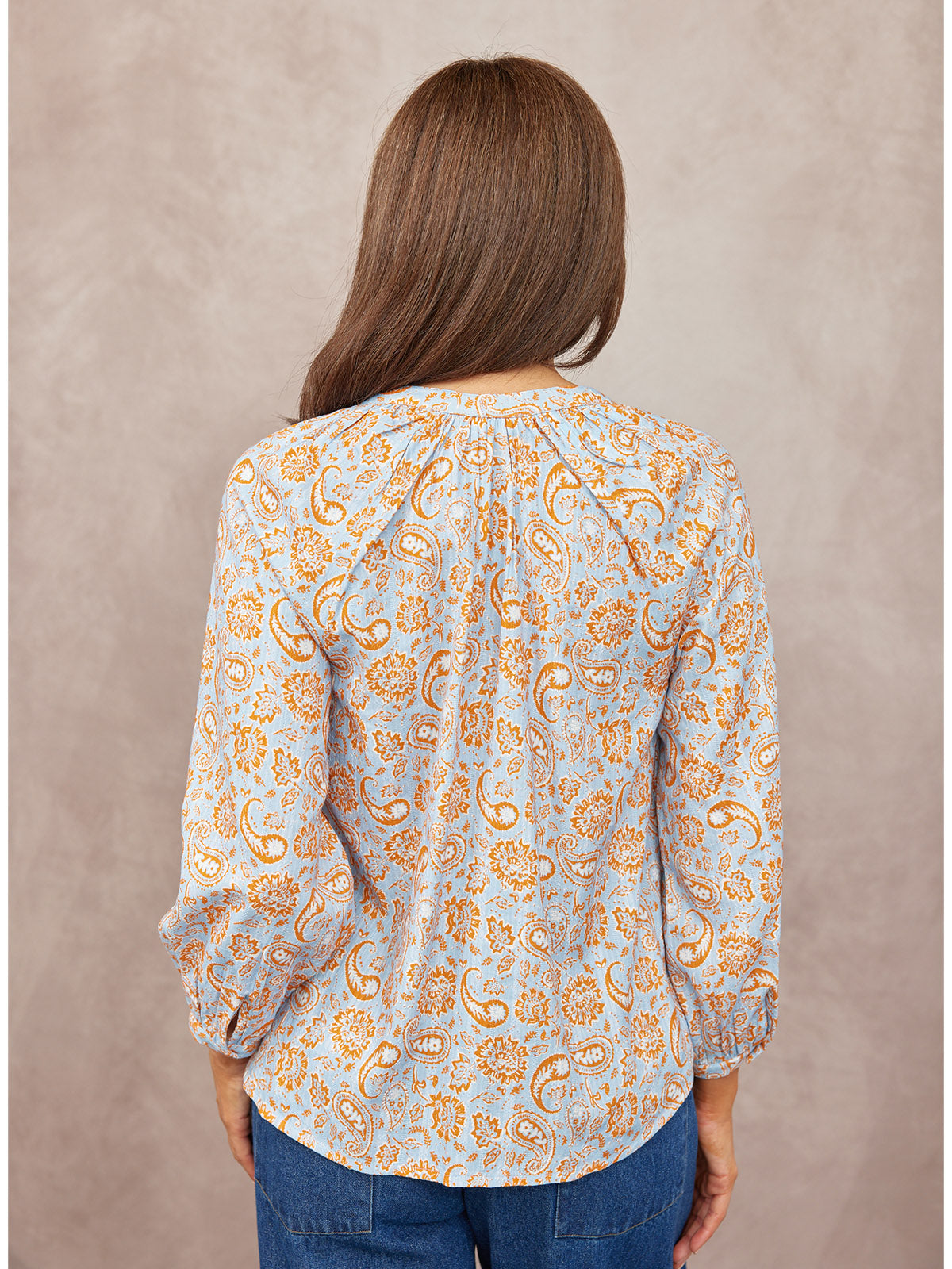 Niya Button-Through Blouse - Light Blue & Orange Paisley Print